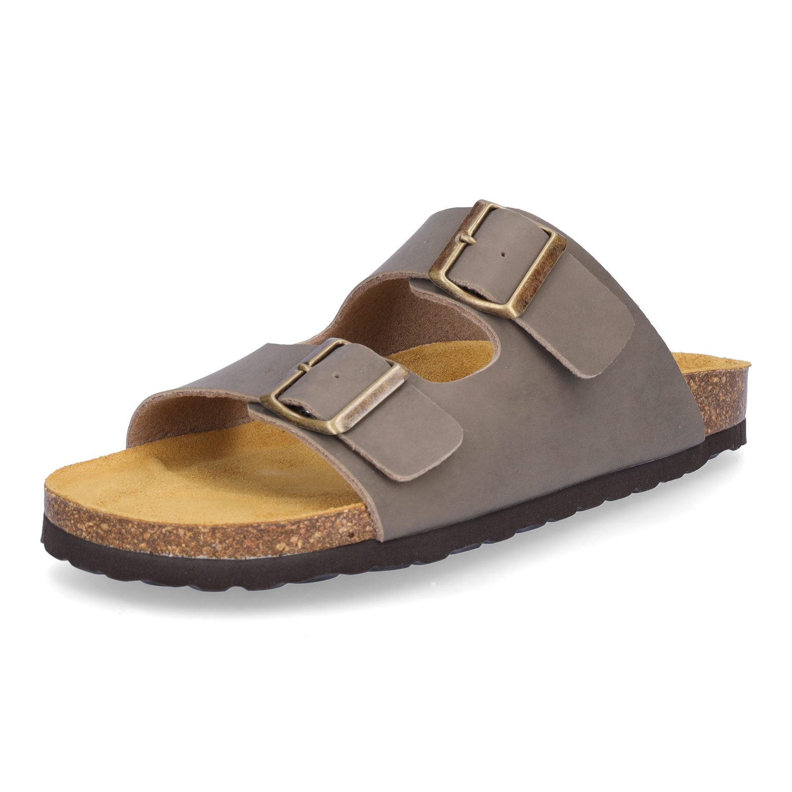 MIDS MOMO Damen Pantolette taupe aus Velourleder, Zweiriemer mit farblich abgestimmten Schnallen