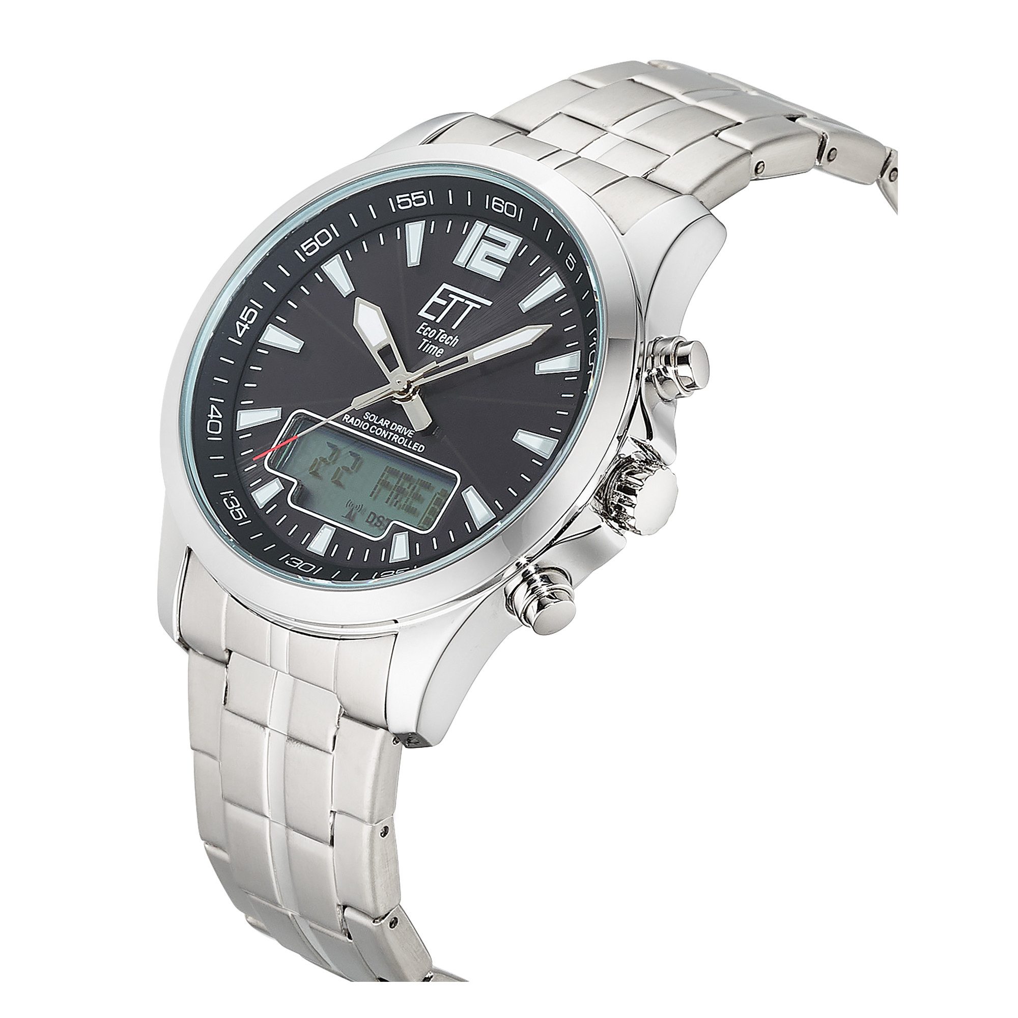 ETT Funkchronograph Professional World Timer EGA-11715-21M, Armbanduhr, Solar, Herrenuhr, Edelstahlarmband, analog, digital, Tag