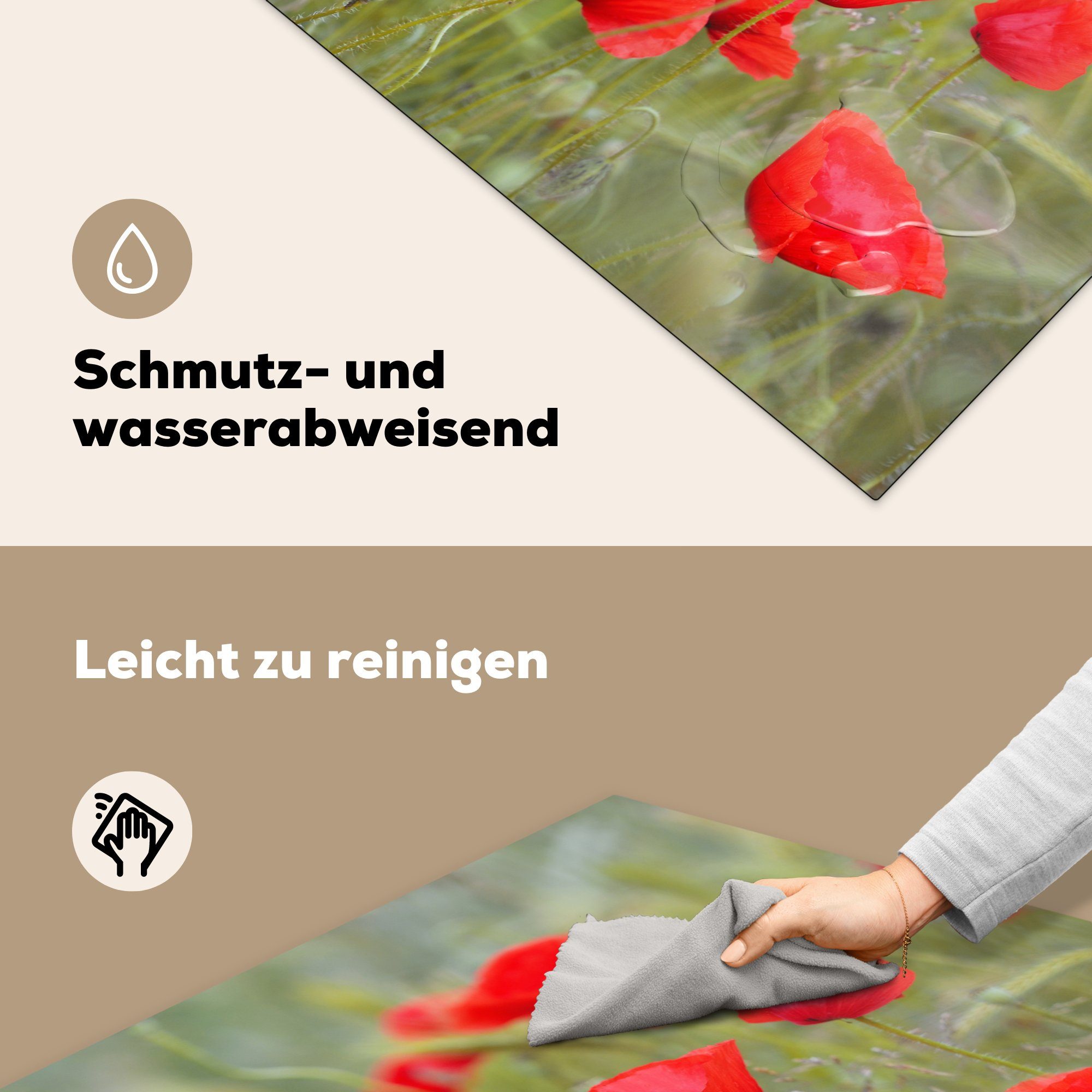 MuchoWow tlg), Mohnblumen im cm, Gras, Vinyl, 78x78 für Ceranfeldabdeckung, Rote Arbeitsplatte küche (1 Herdblende-/Abdeckplatte