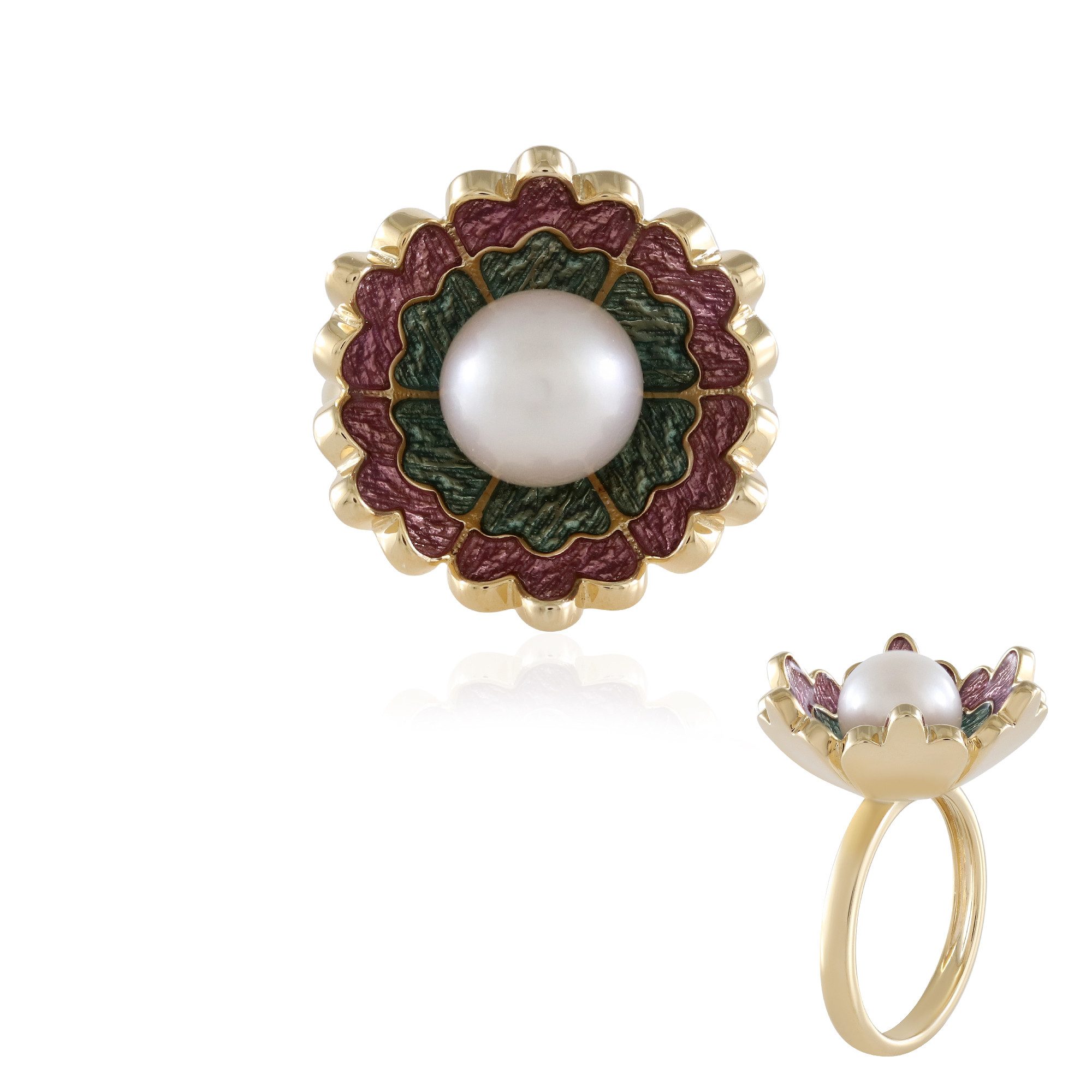 Cavill Perlenring Ring 925er Sterlingsilber vergoldet mit 8 mm grün-roter Perle (1-tlg)