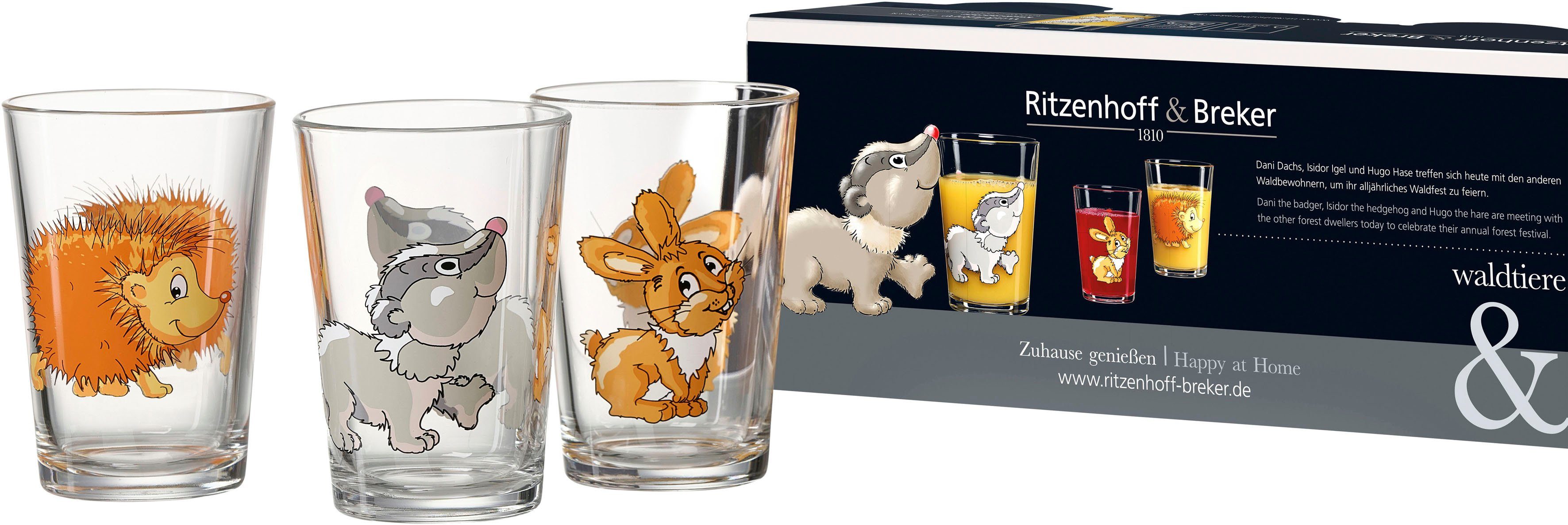 Ritzenhoff & Breker Kinderbecher Waldtiere, 6-teilig, 6-tlg., Glas, 3 verschiedene Tiermotive