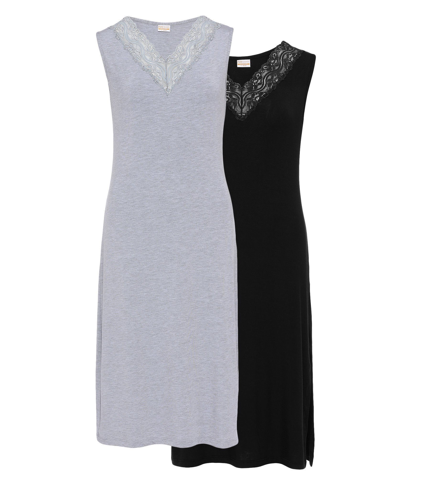 Pure Shape Nachthemd Sleepwear elastisch (Packung, 2-teilig) mit V-Ausschnitt und Spitze hellgrau-schwarz