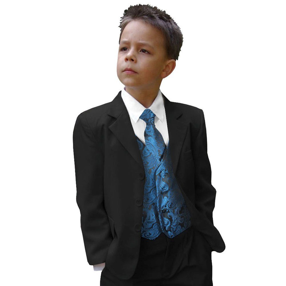 Paul Malone Kinderanzug Hemd, (1 Jungs 5-teilig für Kommunionanzug Krawatte) Weste petrol Jahr) Sakko, Festlicher schwarz Hose, mit 86/92 (Set, 5-tlg., KA20KV100-Krawatte, und blau, Anzug