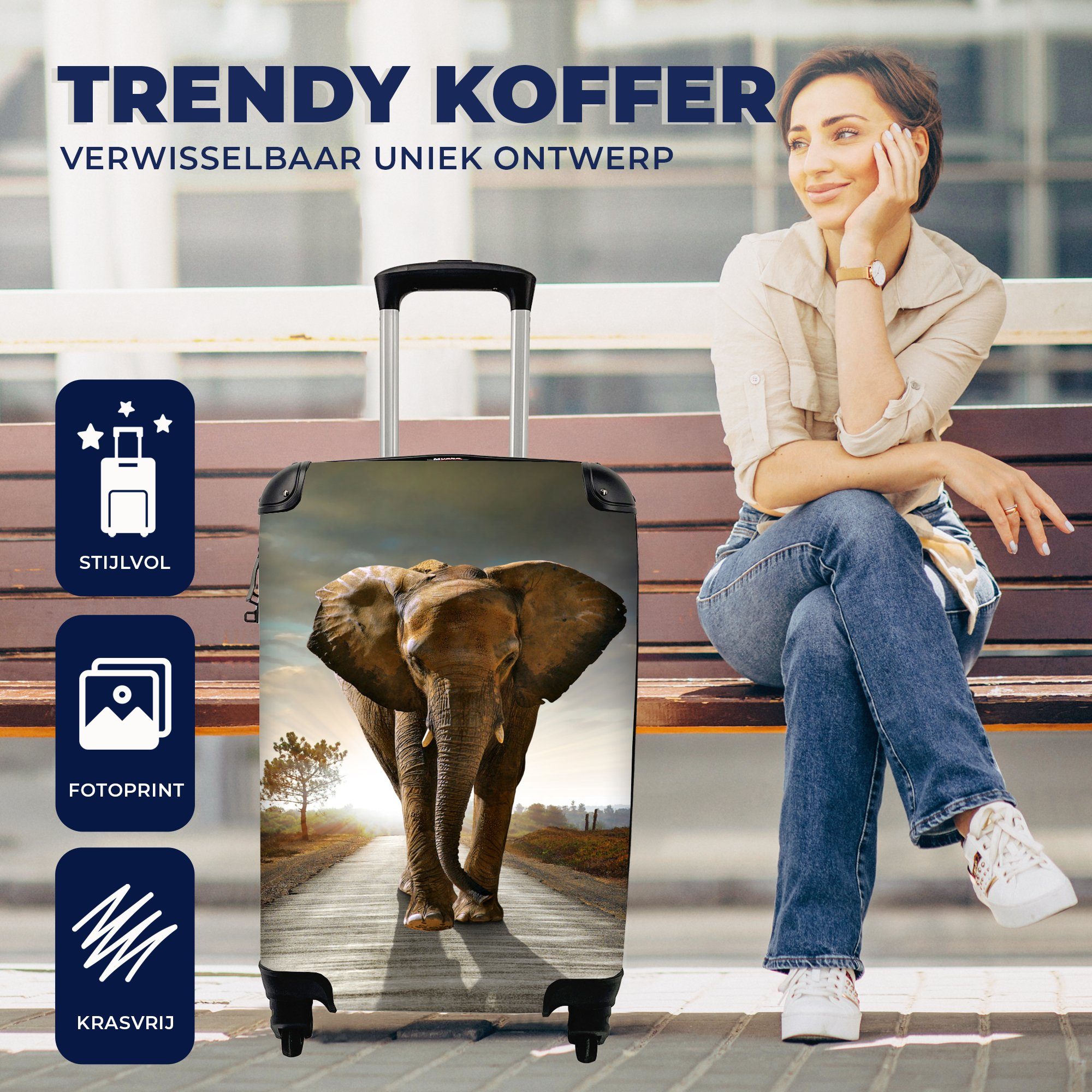 MuchoWow Handgepäckkoffer Elefant - Straße - Tiere - Sonnenuntergang - Landschaft, 4 Rollen, Reisetasche mit rollen, Handgepäck für Ferien, Trolley, Reisekoffer