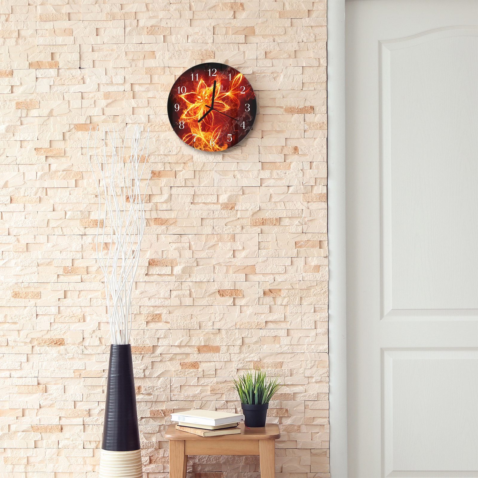 Lilie Quarzuhrwerk Durchmesser 30 aus cm - mit im und Motiv Wanduhr Rund Feuer mit Glas Wanduhr Primedeco
