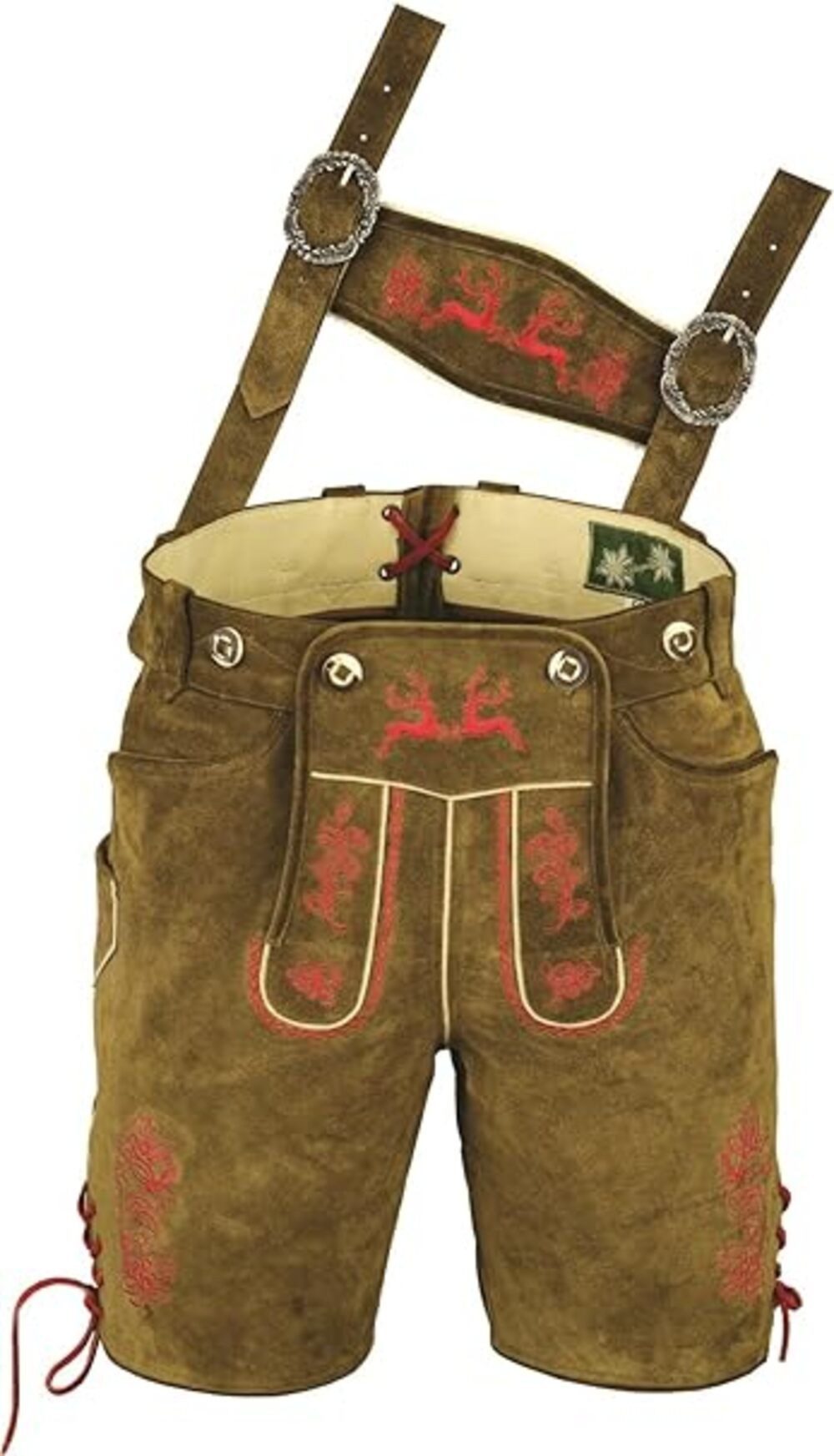 Fuente Leather Wears Trachtenlederhose Herren Lederhose kurz braun, rote Stickerei