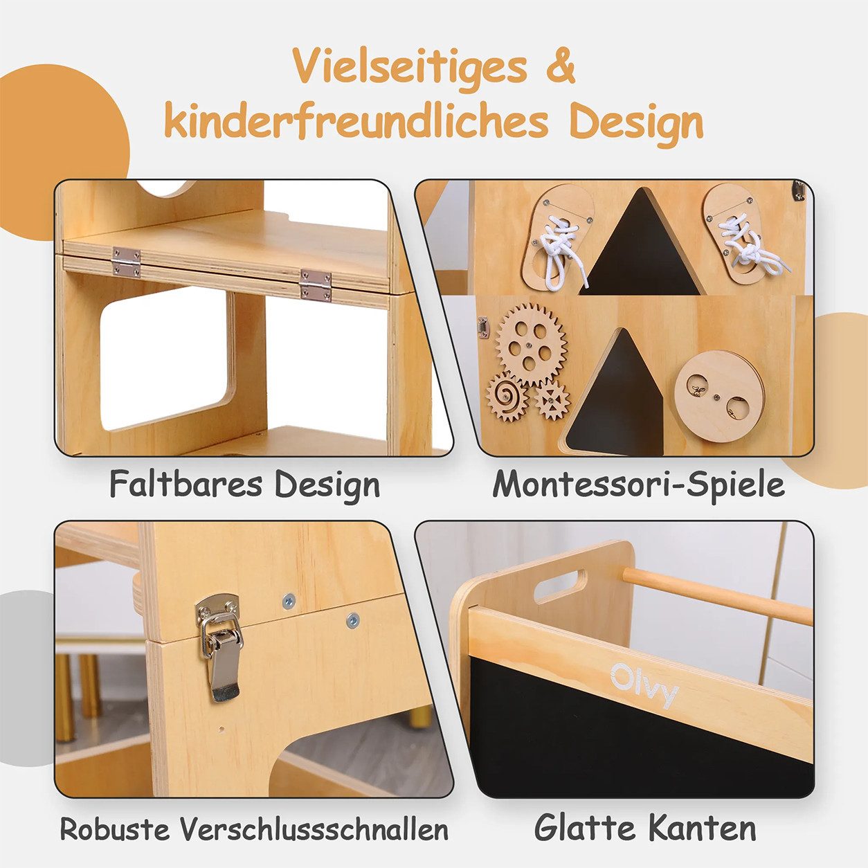 Olvy Stehhilfe Lernturm aus Holz, für Kinder ab 1 Jahr mit Rausfallschutz, 3-in-1 (1 St), klappbar, mit Kreidetafel und Montessori Spiel, glatte Kanten – Bild 5 von 5
