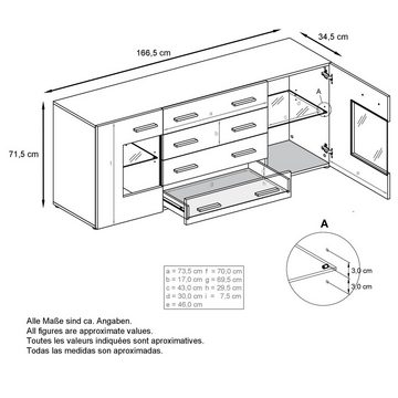 Vladon Sideboard Grömitz (Kommode mit 2 Türen, 4 Schubladen und 2 flexible Glaseinlegeböden), Weiß matt/Creme Hochglanz (166 x 72 x 35)