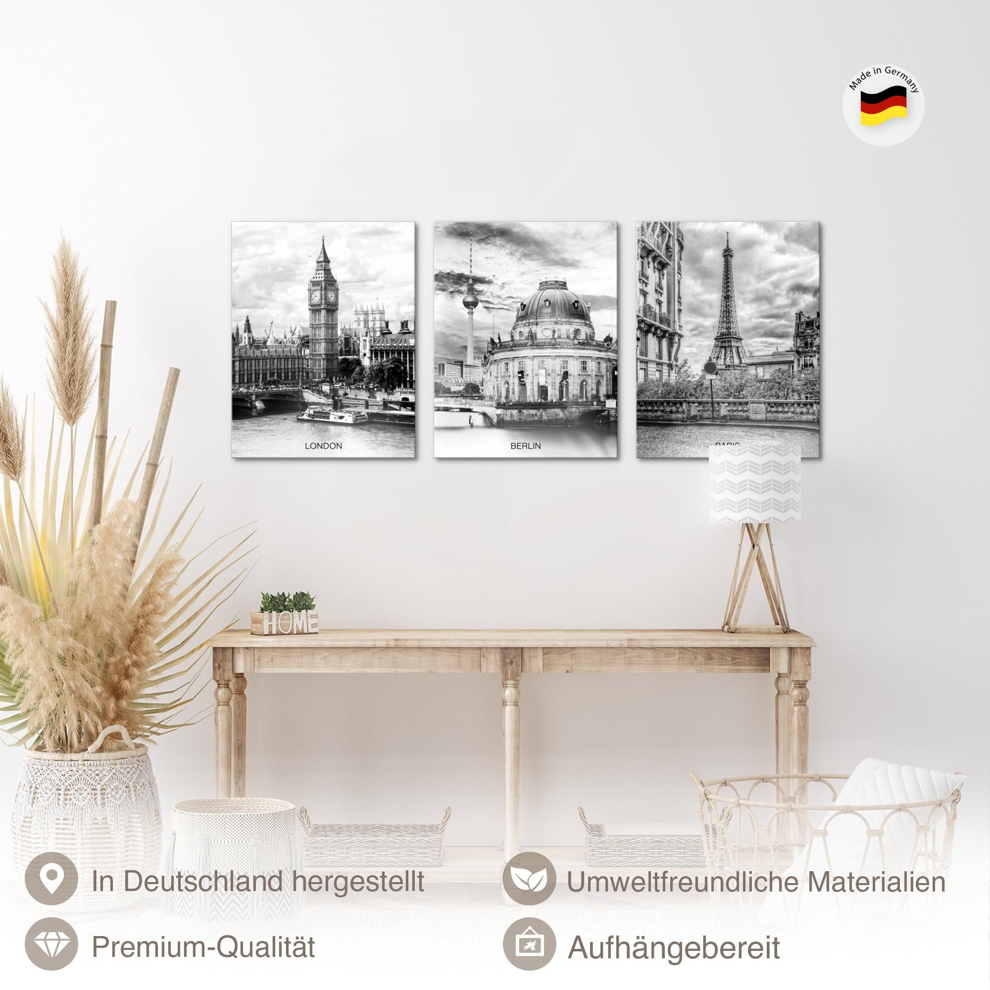 Novart Wandbild Städte Berlin London Paris Schwarz Weiß Bilder Set Deko, London (3 St)