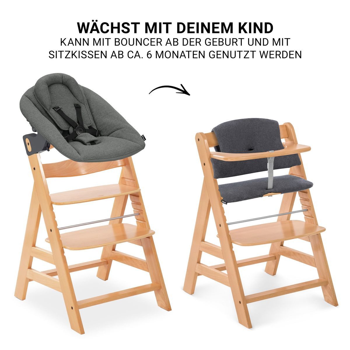 Hauck Hochstuhl Alpha Plus Newborn Set Premium - Natur, Holz Babyhochstuhl ab Geburt inkl. Neugeborenen Aufsatz & Sitzpolster