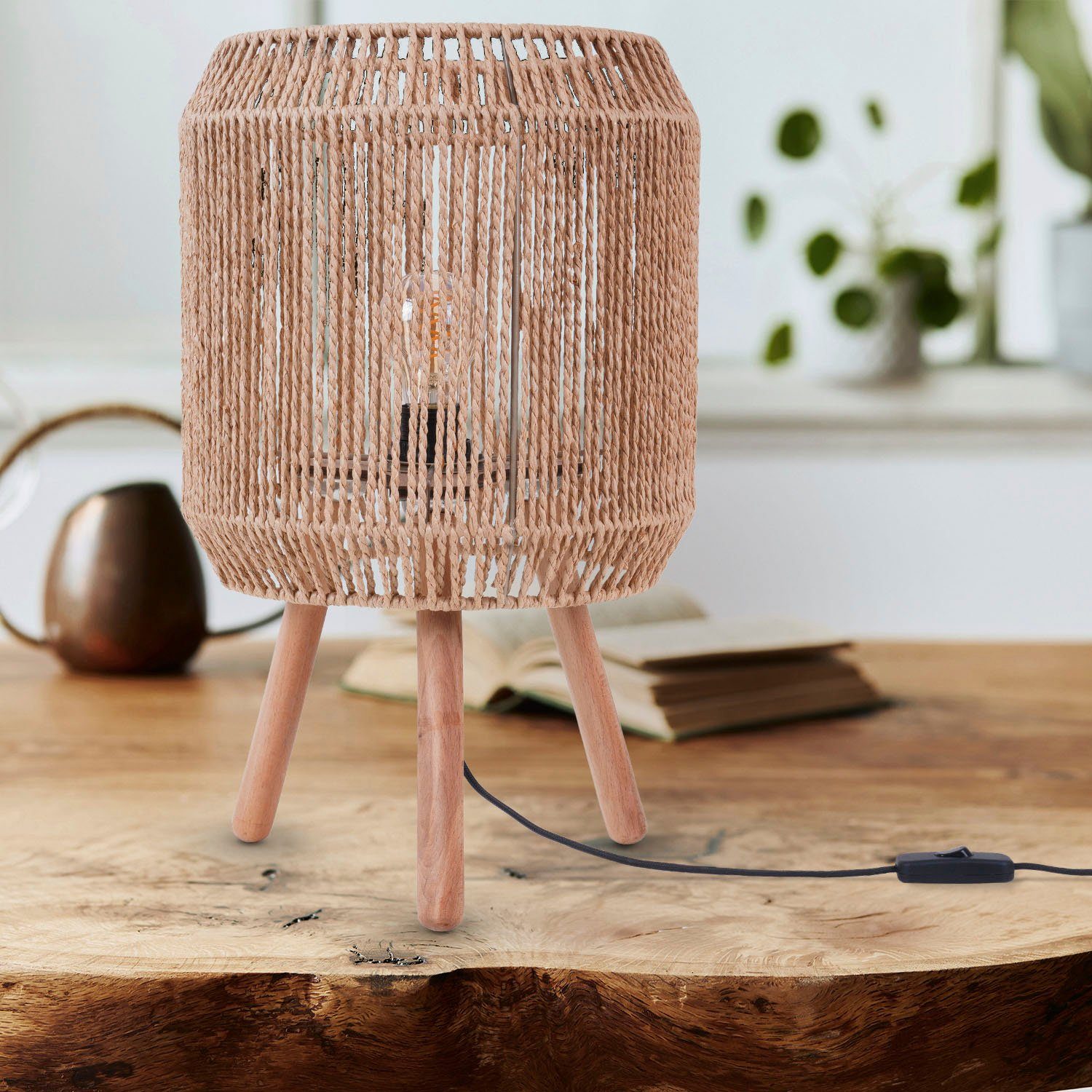 Paco Home Tischleuchte SOL, ohne braun Lampenschirm Korb Deko Boho E27 Holz Leuchtmittel