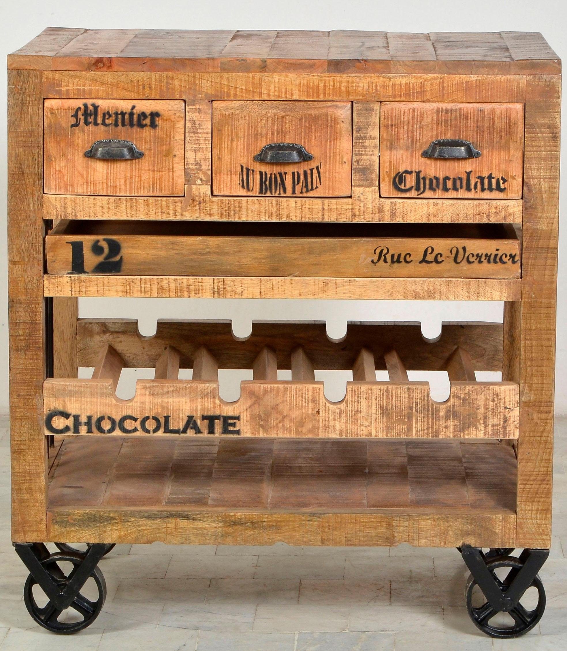 SIT Küchenwagen RUSTIC aus Mangoholz mit Flaschenregal, Mit herausnehmbarem Tablett und integriertem Flaschenfach