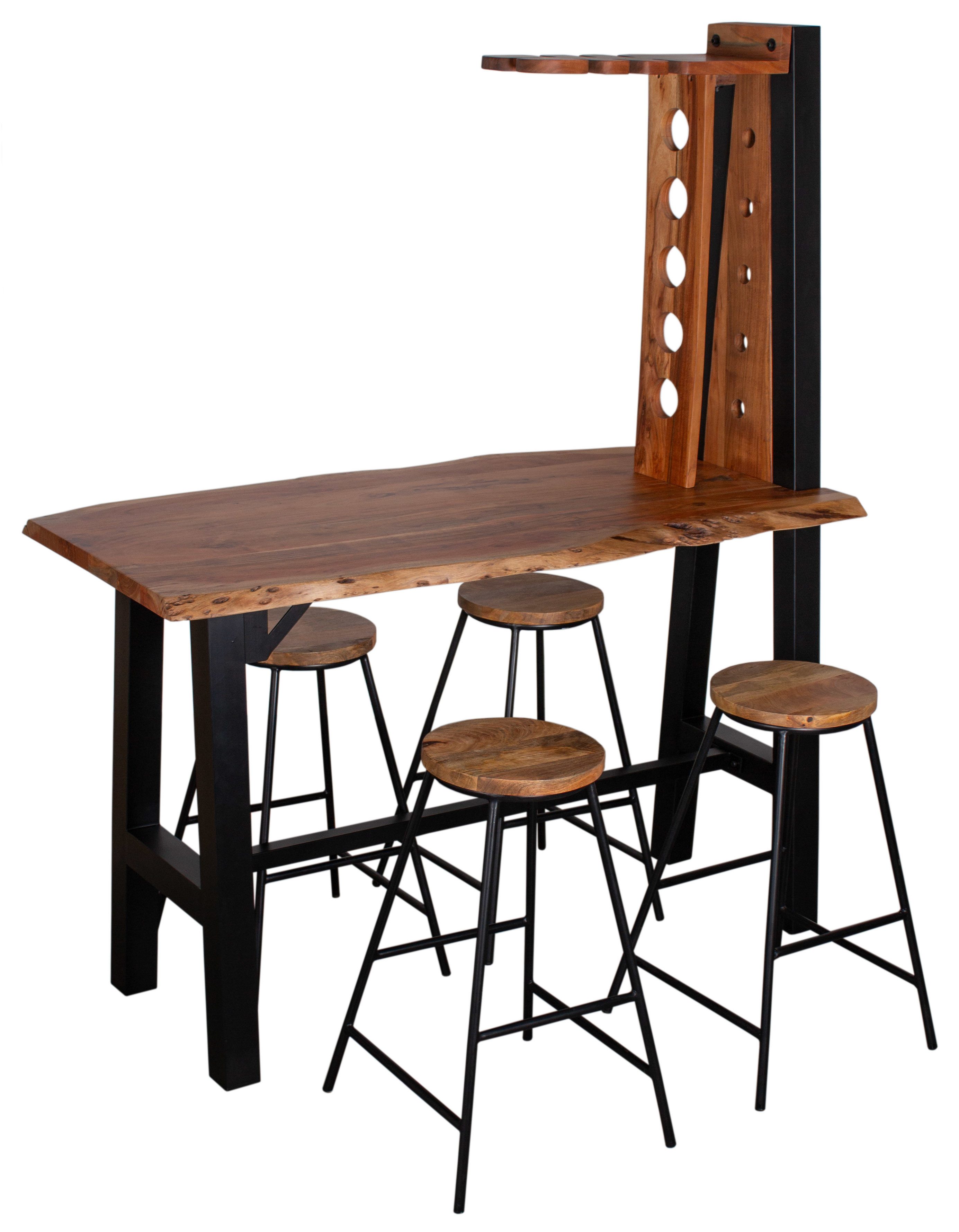 MR.DEKO Bargruppe Capua Mango Holz 162x70x221cm mit 4 Hockern, intergriertes Weinregal, (Industriedesign Bartisch-Set, zerlegt geliefert, rustikaler Look, 5-tlg), Baumkante, Glashalter, Metallgestell schwarz, Holzsitz