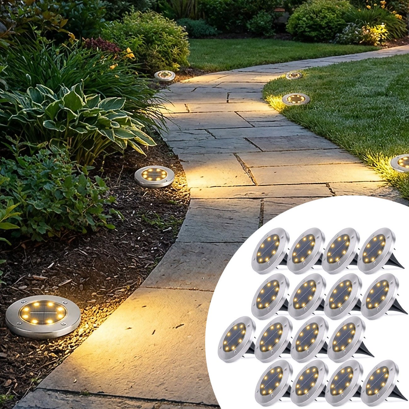 Casativo Gartenstrahler Solar-Bodenstrahler 200lm IP44 Erdspieß Garten-Außenleuchte Ø 11,5cm, LED fest integriert, 8-LEDs je Strahler, Wegleuchte, Dämmerungssensor & 6-8h Leuchtdauer