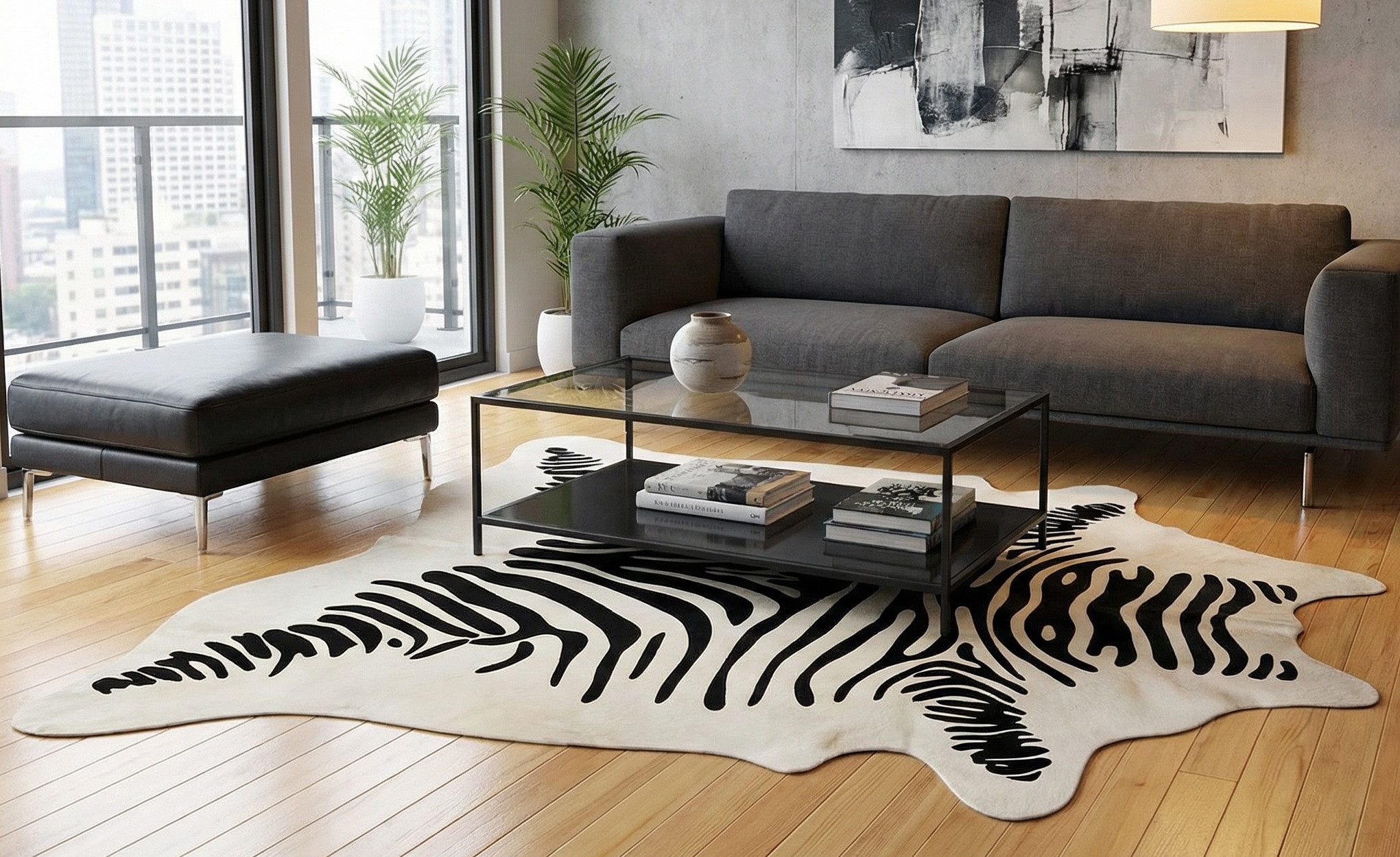 KUHFELL online & NOMAD Fellteppich Kuhfell creme weiß mit Zebra Print Rinder Fell Teppich