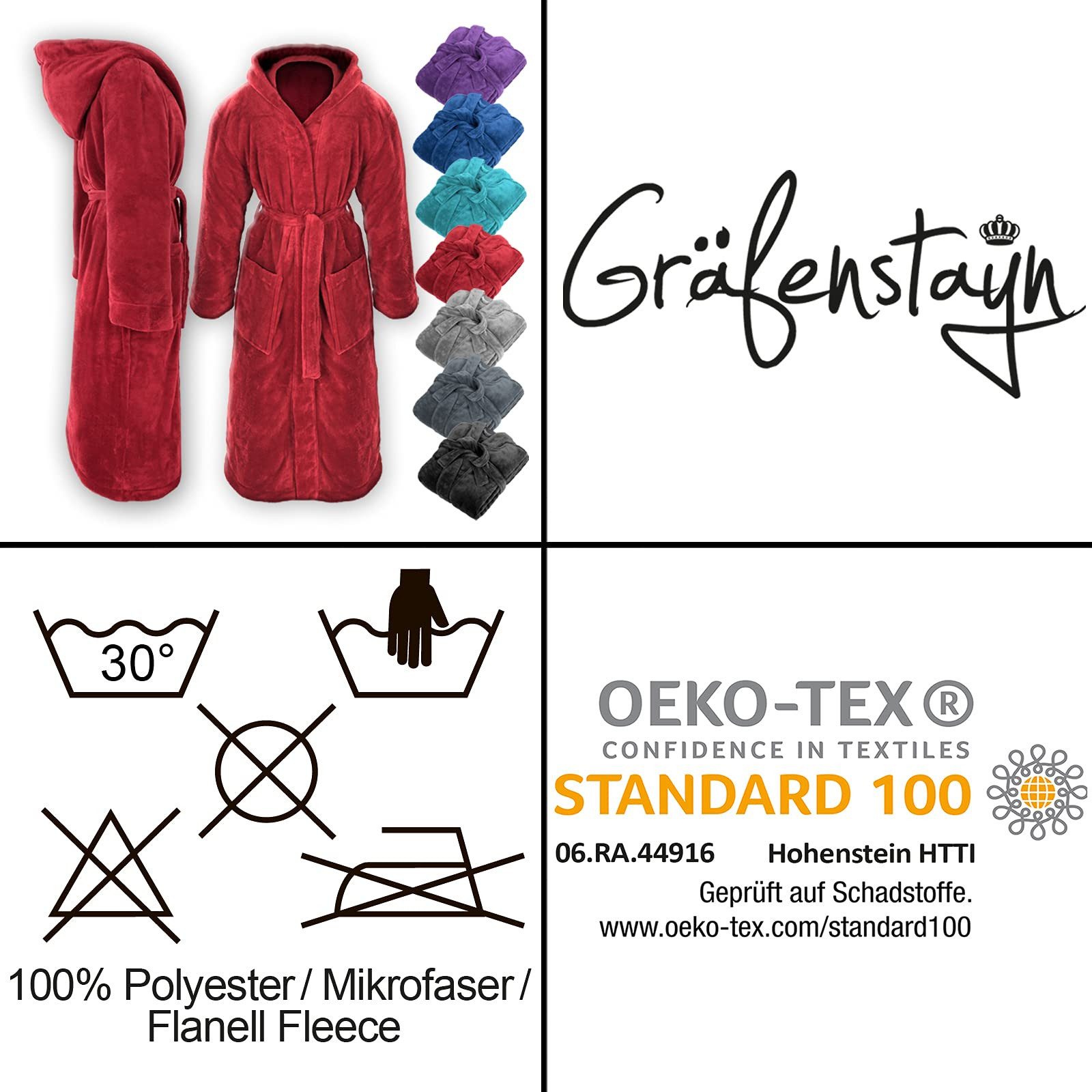 Gräfenstayn Unisex-Bademantel - Bademantel Herren mit Kapuze - Flanell-Fleece Unisex, warm & kuschelig, Waden bis Knöchellang, Fronttaschen, Gürtel, S-XXXL