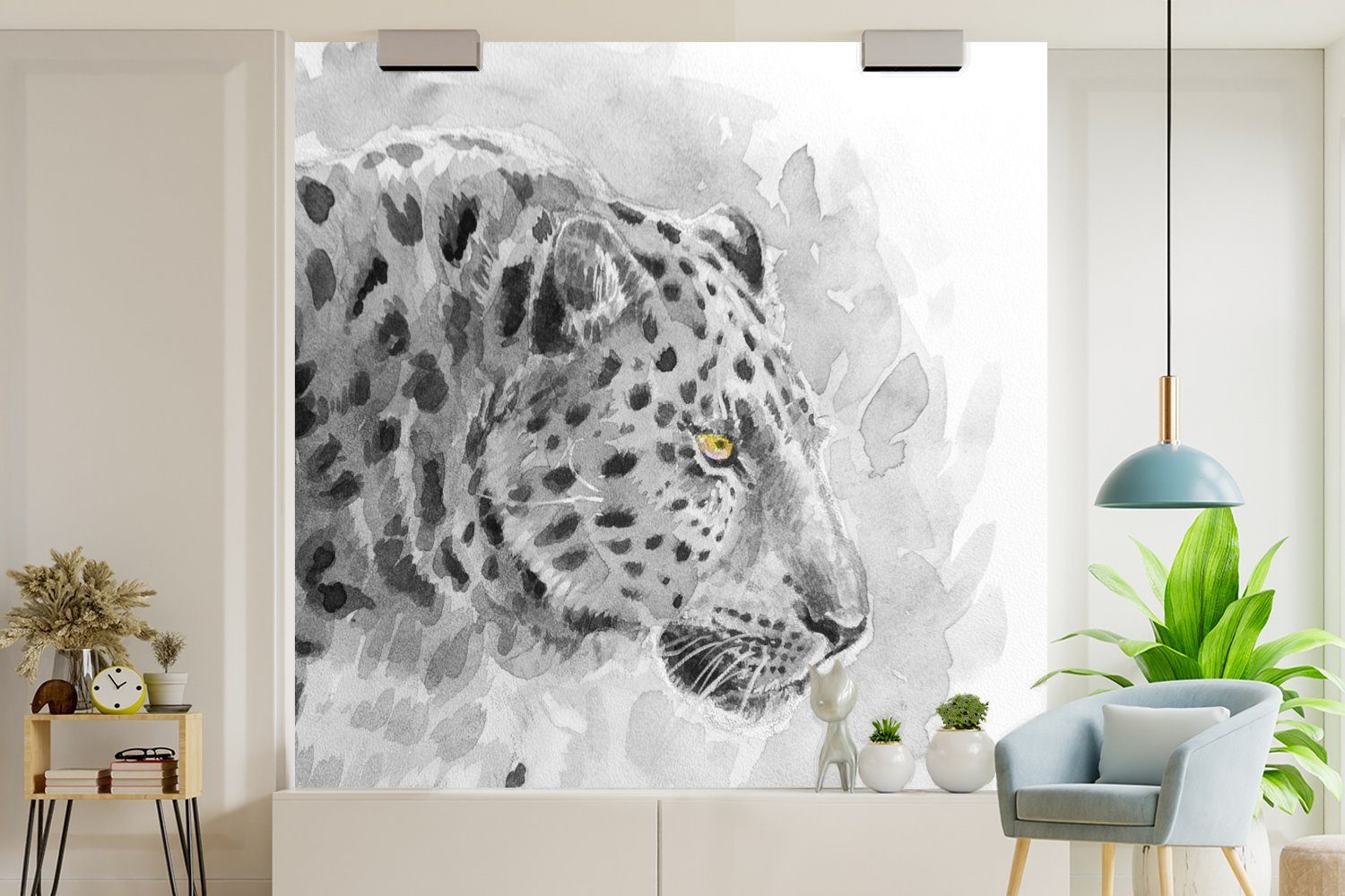 Wohnzimmer Wandtapete Gelb - - für Leopard Fototapete Tapete Matt, Schlafzimmer, St), bedruckt, Aquarell, oder Vinyl (5 MuchoWow