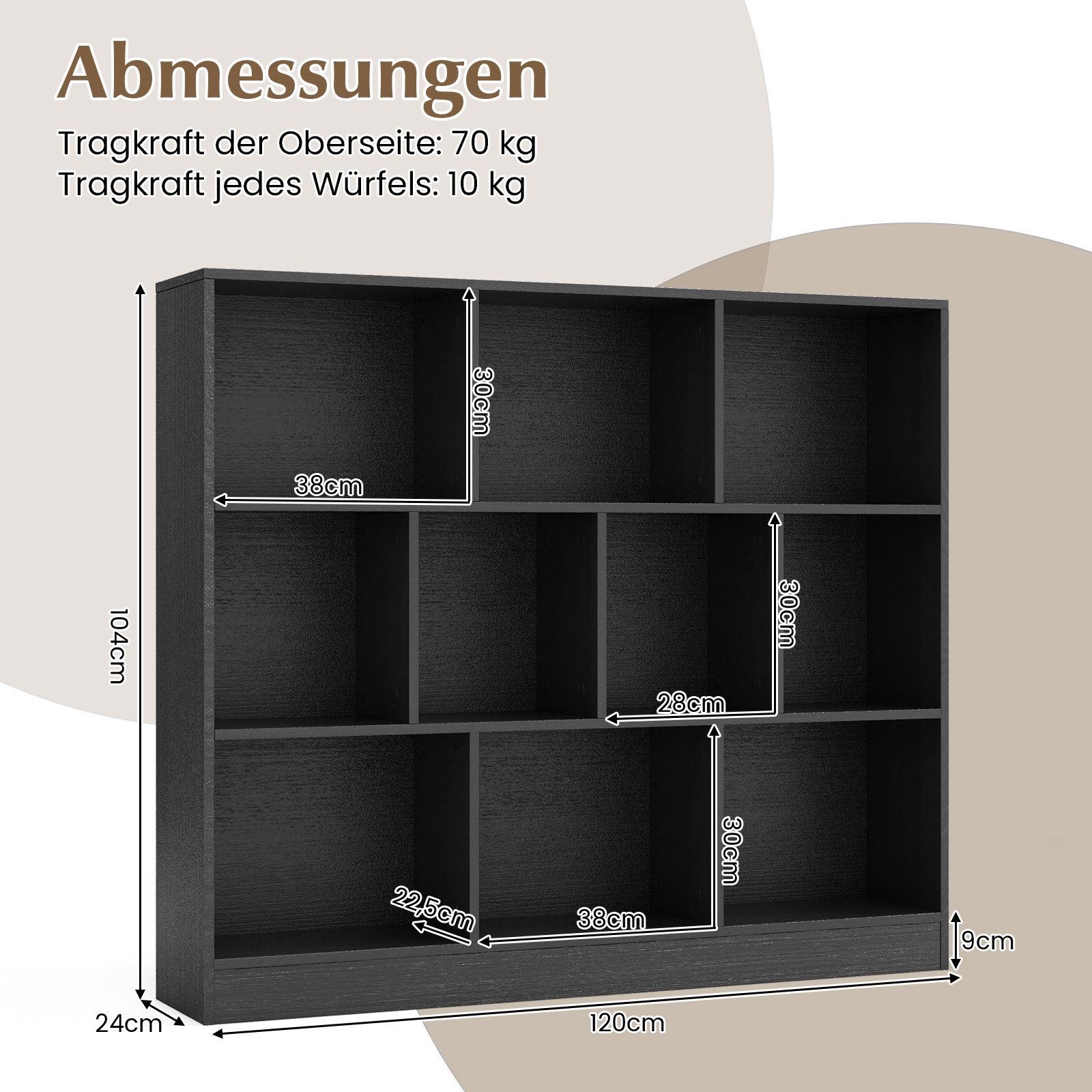 COSTWAY Bücherregal, Ebenen, mit 10 Fächern, bis 70kg, 120x24x104cm