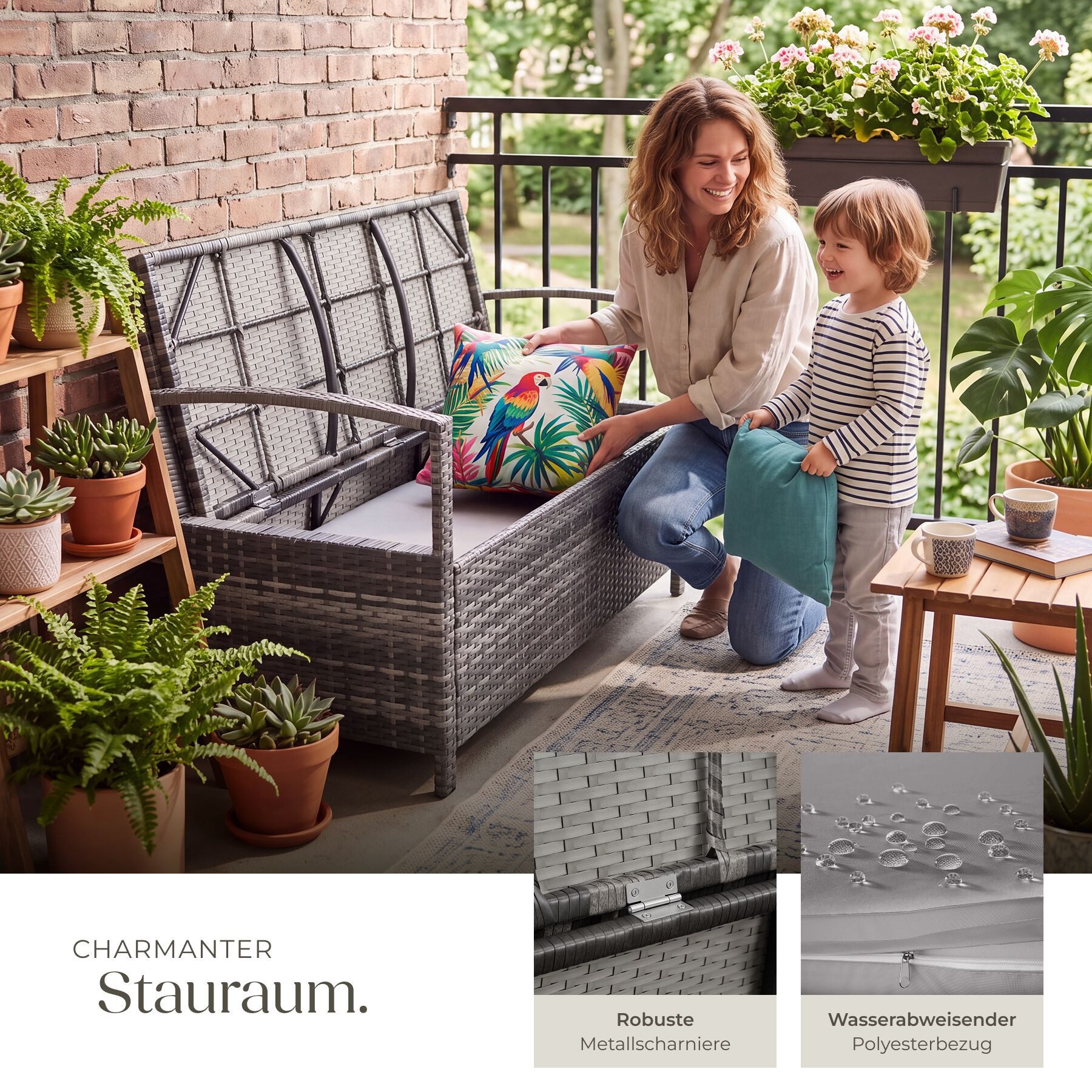 tectake Gartenbank Polyrattanbank 2-Sitzer wetterfest mit Stauraum und Schutzabdeckung (Terrassenbank Vecchia, in Grau), Belastbarkeit 250 kg, Inkl. Sitzpolster – Bild 4 von 5