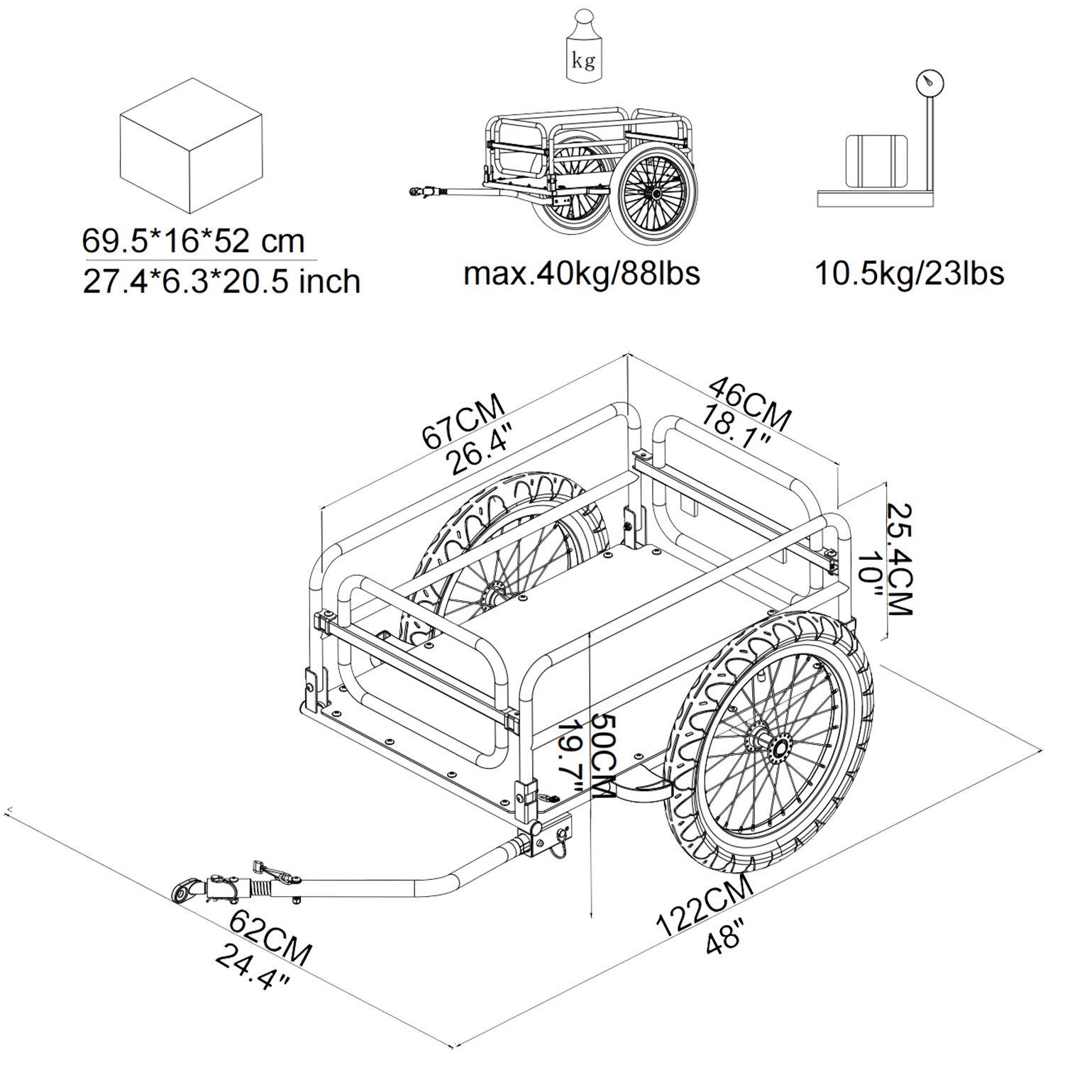 TIGGO Folding Bicycle Cargo Trailer, 70 Liter Capacity, Made of Durable Steel Frame - Large Loading Area up to 70 Liters
