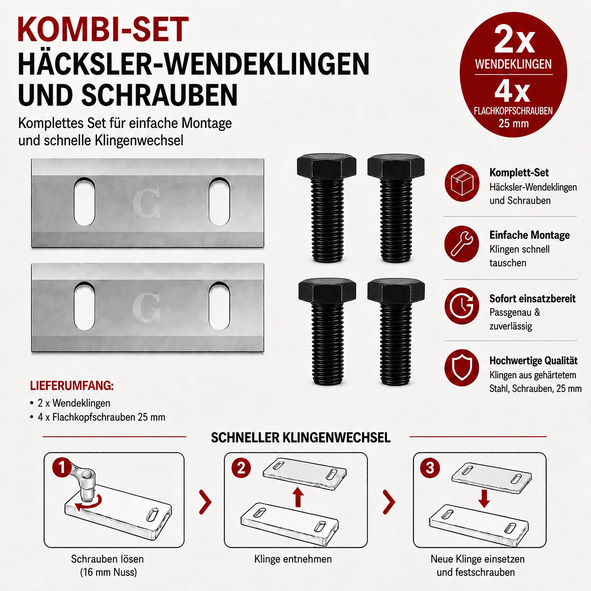 ECI Tools Häckslermesser ECI Häcksler Wendemesser-Set, 2 Messer+ 4 Schrauben,98,5 x 37 x 4 mm (6-St., 2er-Set inklusive 4 Schrauben), wendbar, nachschärfbar