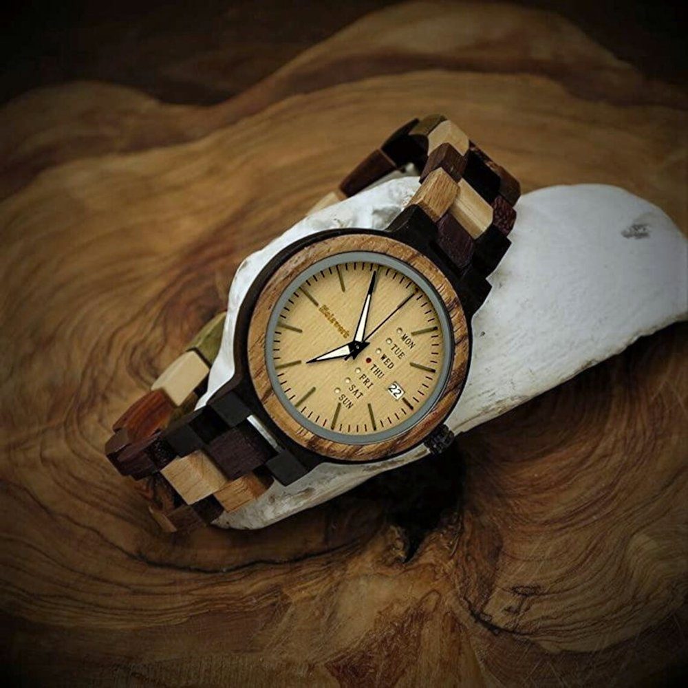 Holzwerk Quarzuhr TREBBIN kleine Damen Holz Armband Uhr mit Datum in beige & braun