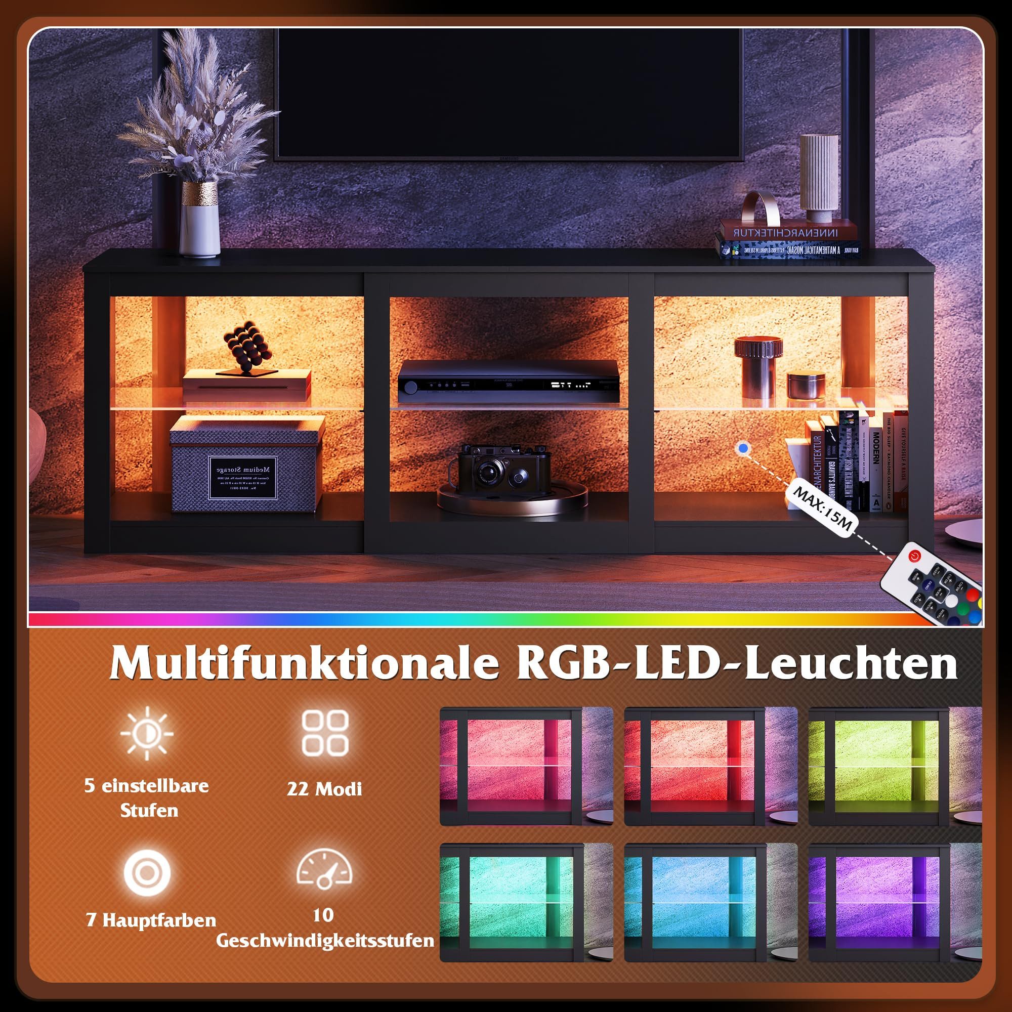 WLIVE Lowboard TV-Schrank mit RGB-LED (22 Modi), 3 offene Fächer & verstellbare (Länge 166 cm, Schwarz, TV Board für 55/60/ 65/70/75/Zoll Fernseher), 166 x 39 x – Bild 4 von 5