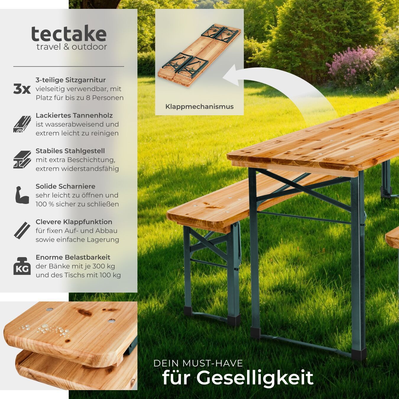 tectake Bierzeltgarnitur Bierzelt-Set "Sissi" - Klappbar für bis zu 8 Personen, (Set., 3-tlg., Optik klassisch in Braun), Widerstandsfähige Stahlgestelle mit schützender Beschichtung