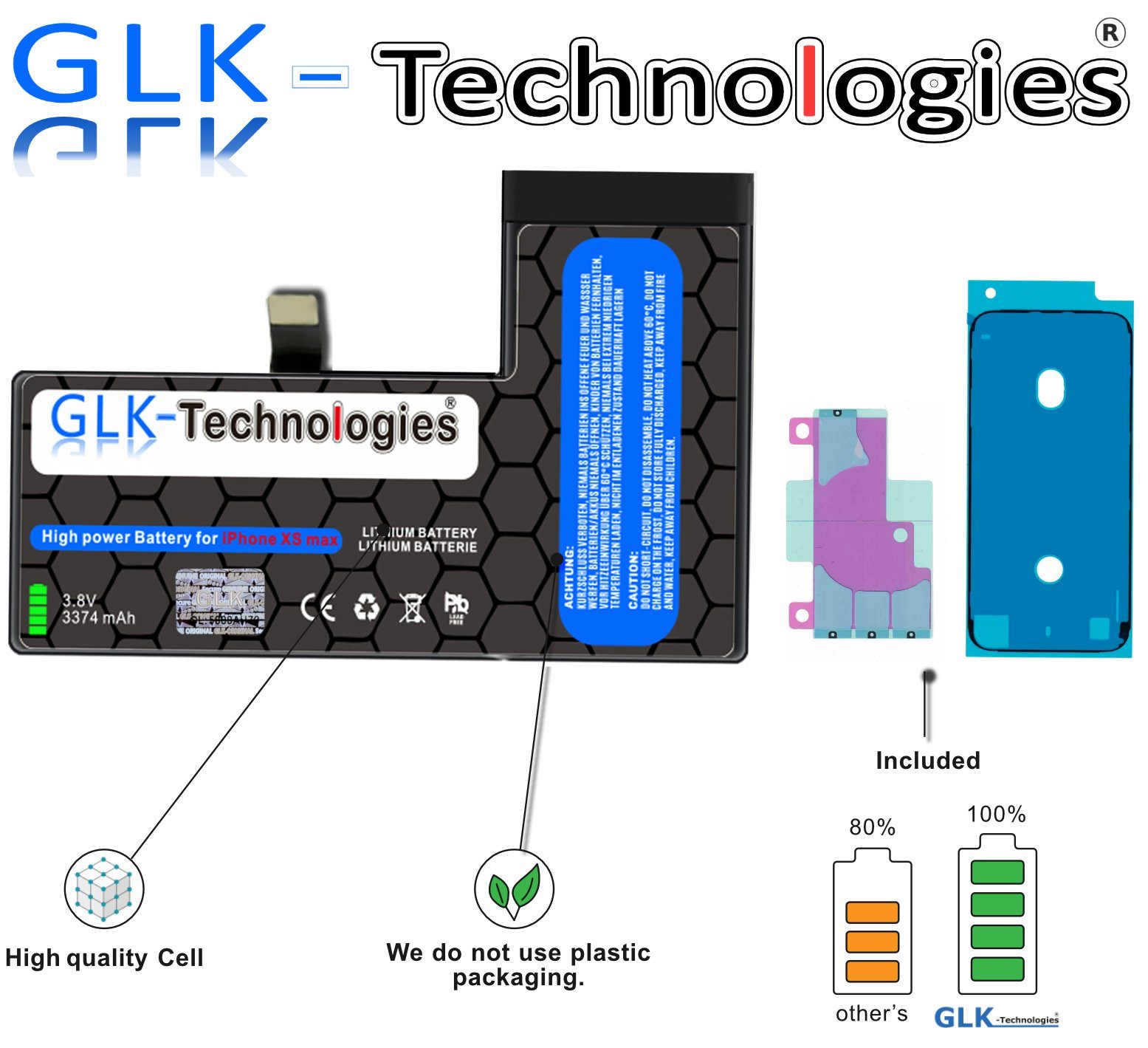 Smartphone-Akku Ersatz MAX für iPhone Akku Klebebandsätze XS (3,8 V) mAh inkl. 2930 2X GLK-Technologies