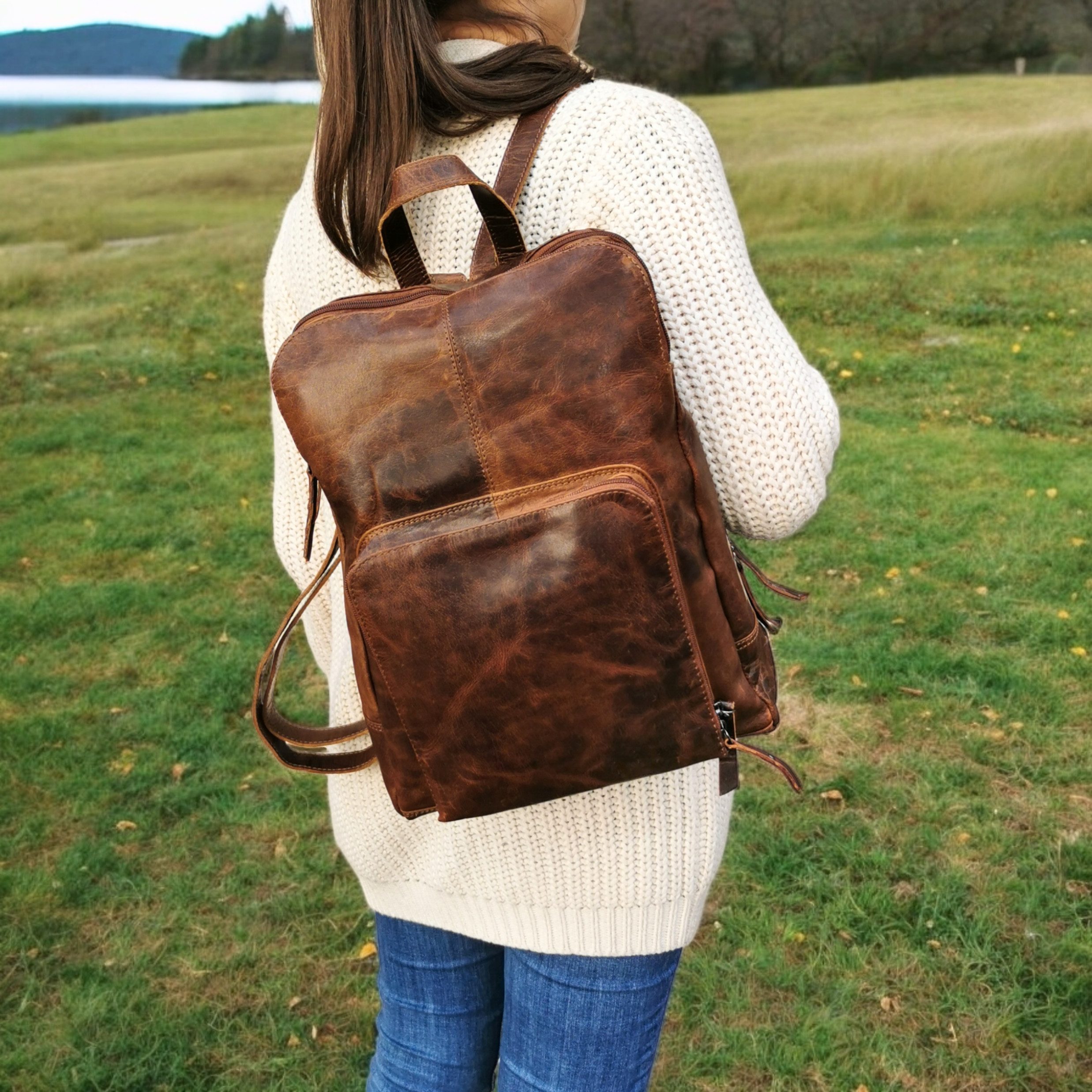 Ella Eisvogel Rucksack Feiner Pull-Up Echtleder Vintage Freizeitrucksack, Echtes Büffelleder geölt & gewachst