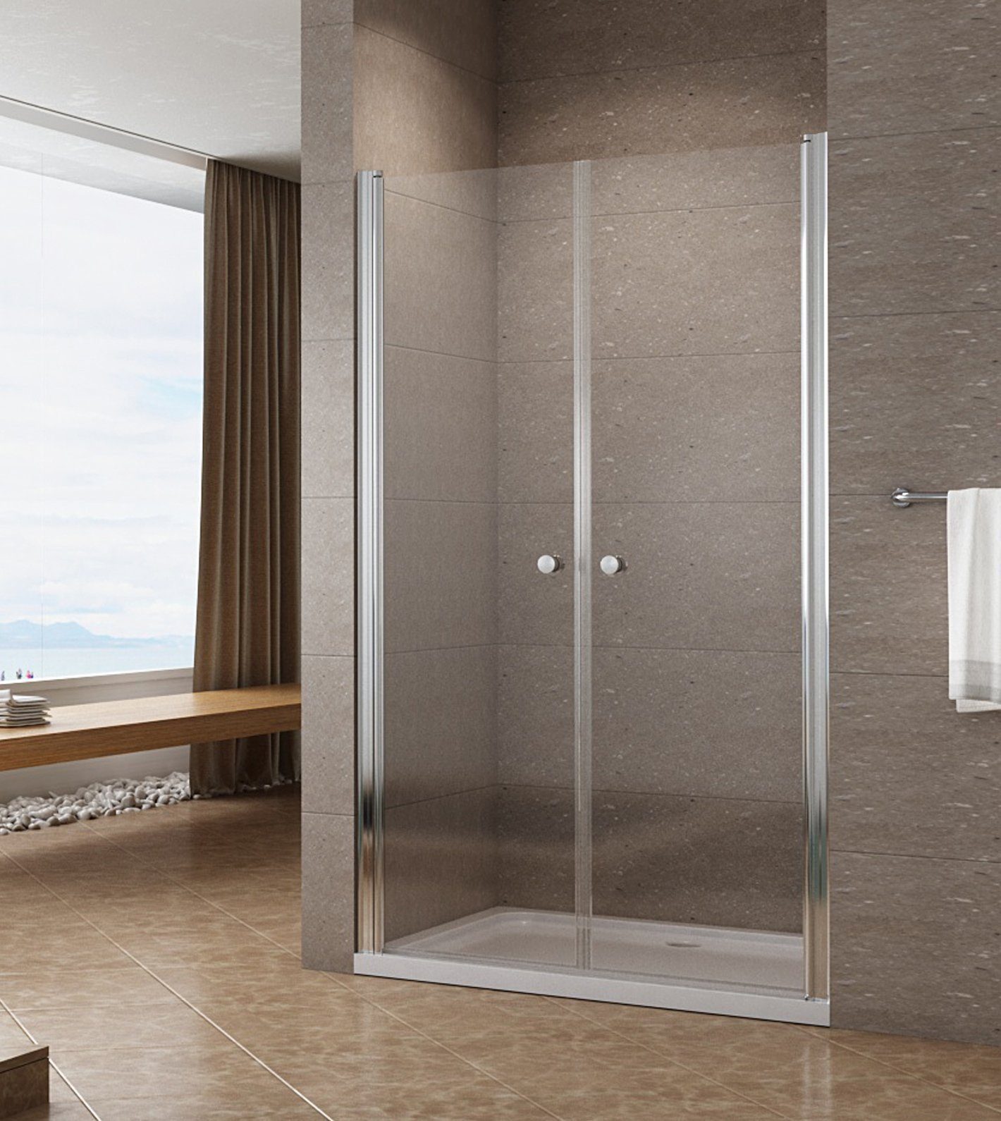 AQUALAVOS Dusch-Doppelflügeltür Duschtür Nischentür Pendeltür Doppelflügeltür Schwingtür Chromknopf, 85x197 cm, 6 mm Einscheiben-Sicherheitsglas mit Nano Beschichtung Heb-/Senk-Funktion