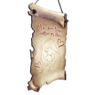 Kreative Feder Wanddekoobjekt Deko-Schild „Mitten ins Herz“ aus Holz in Schriftrollen-Optik, mit Motiv & Spruch, ideales Geschenk für Freunde & Familie