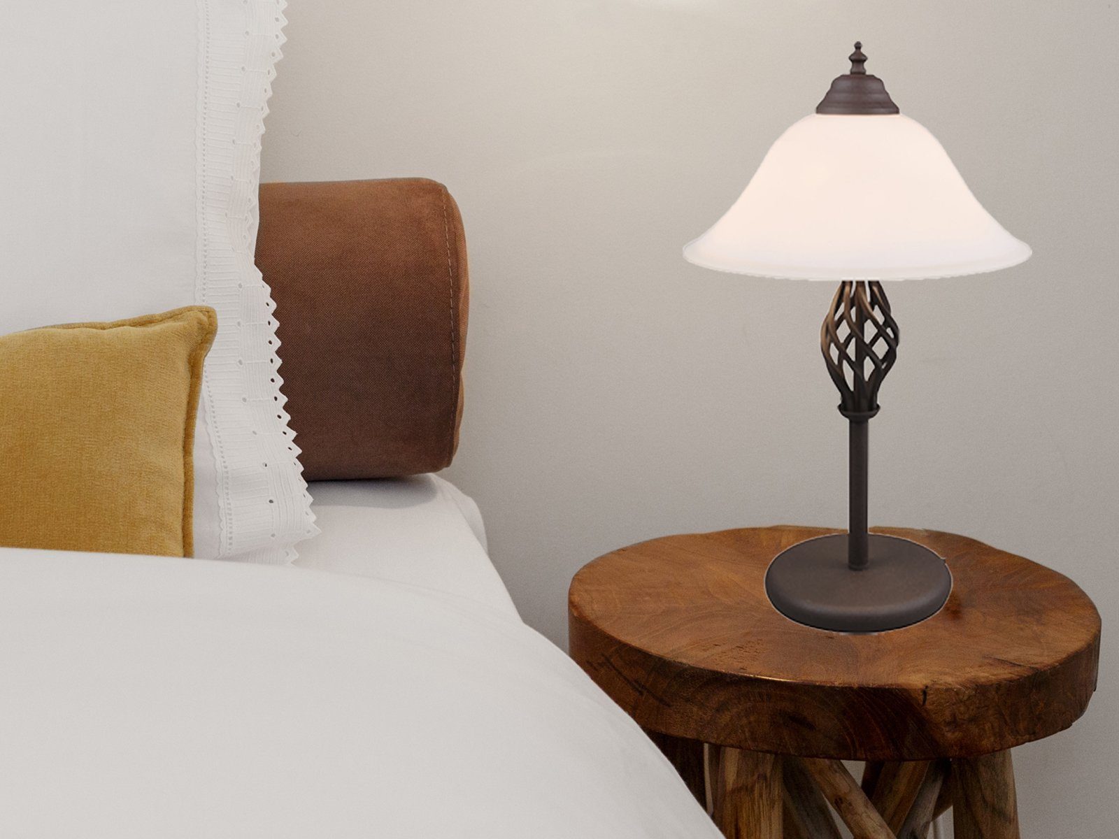 TRIO Leuchten LED Nachttischlampe, Dimmfunktion, LED wechselbar, Warmweiß, große Landhaus-stil in Rostoptik mit Glas Lampenschirm Höhe 50cm