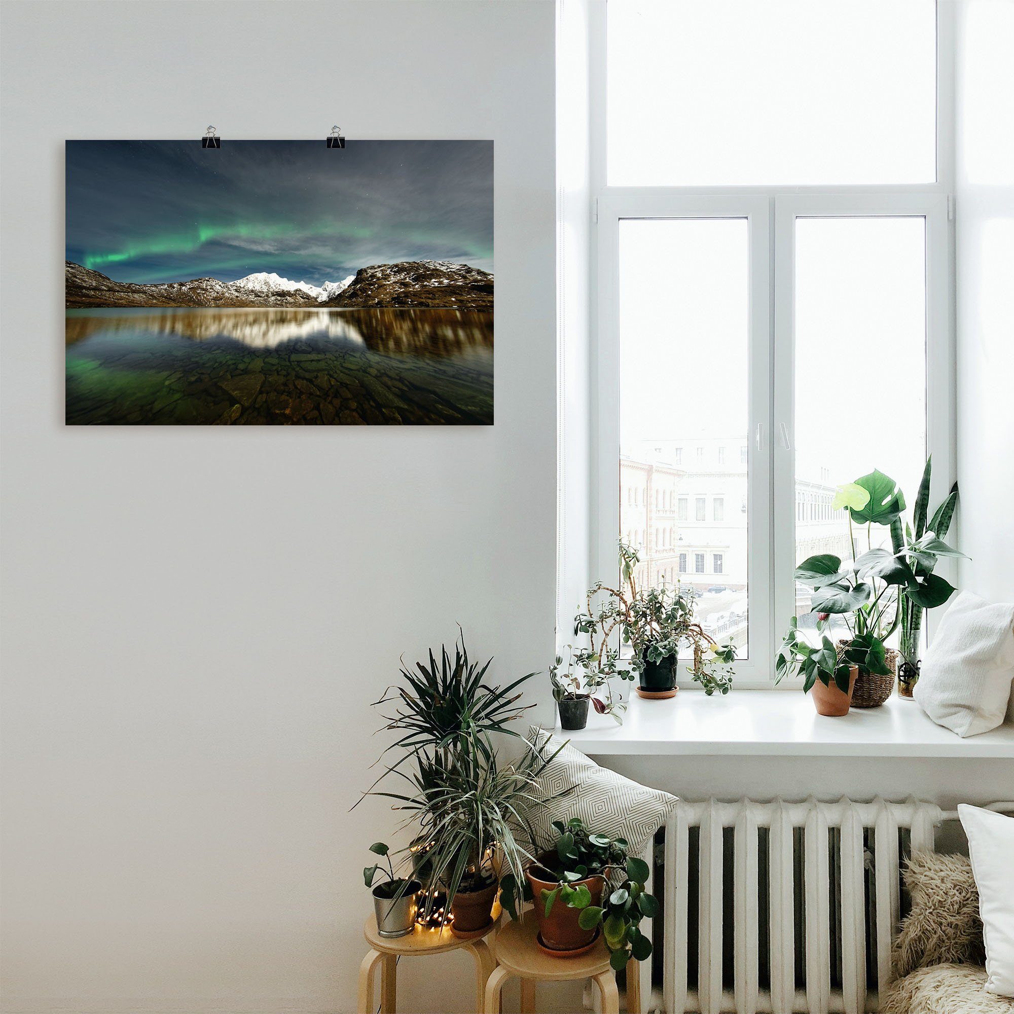 Artland Wandbild als über oder einer in Poster Bergkette, Größen Alubild, Polarlicht versch. St), (1 Wandaufkleber Leinwandbild, Gewässer
