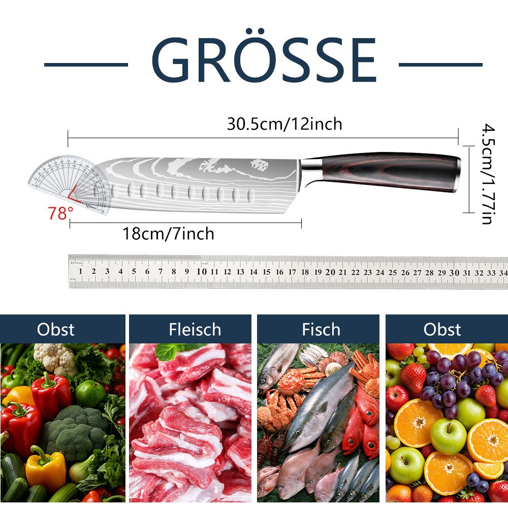 MDHAND Santokumesser 18 cm aus High-Carbon-Edelstahl, ergonomisches Küchenmesser mit Pakkaholzgriff