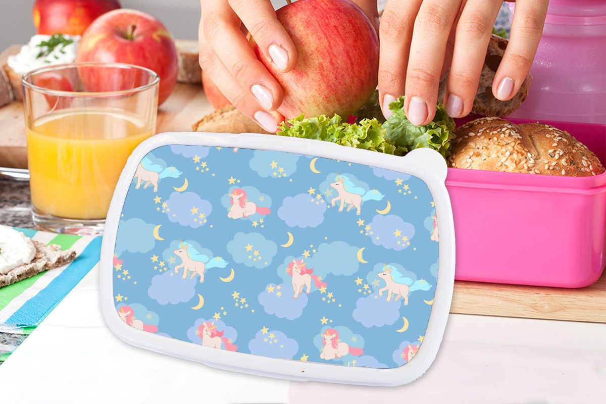 Mädchen, Muster für Snackbox, Kunststoff Lunchbox Kunststoff, (2-tlg), Erwachsene, Brotbox Kinder, MuchoWow Brotdose Einhorn - Sternenhimmel, rosa -