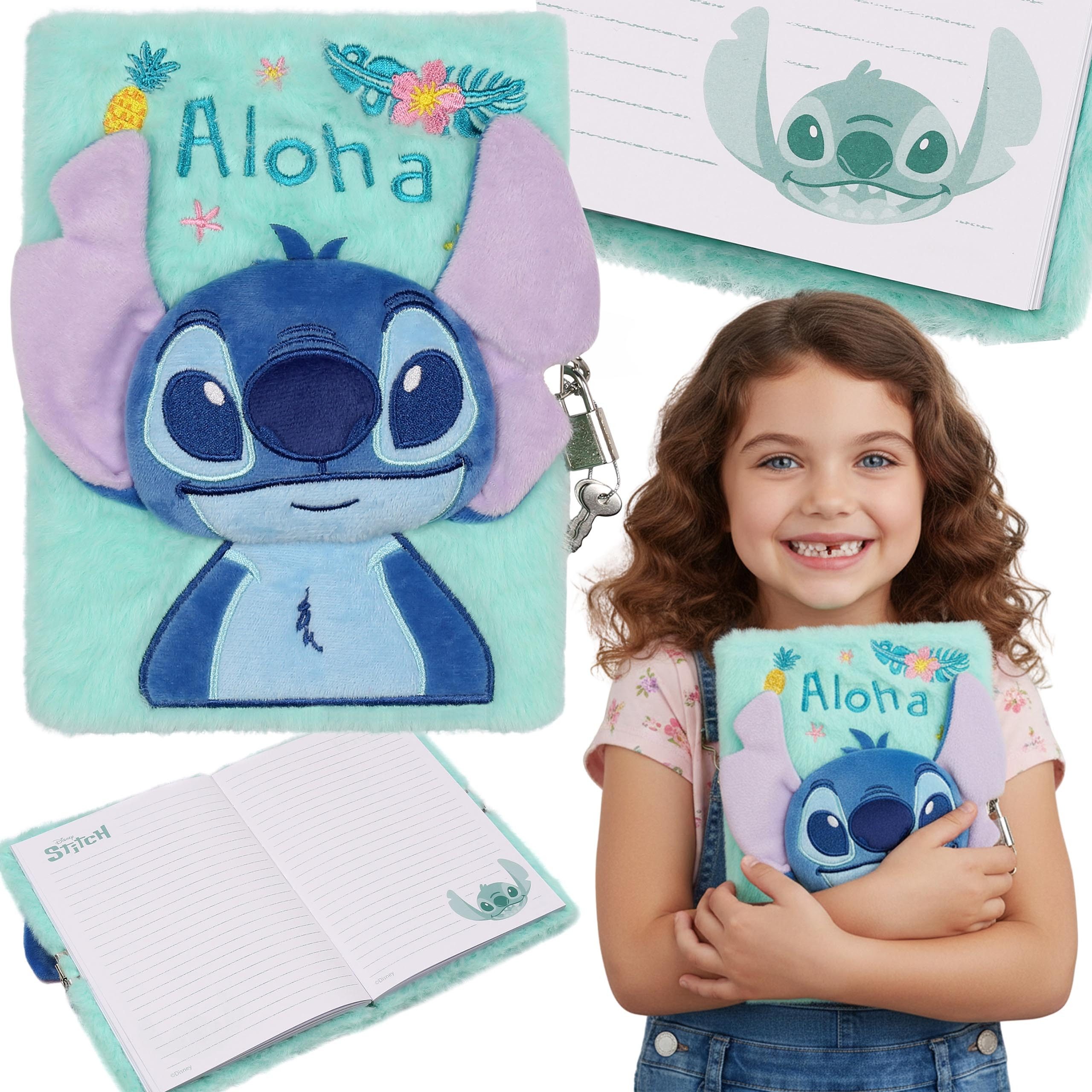 Disney Notizbuch DISNEY Stitch Plüsch Notizbuch A5 liniert Tagebuch mit Schlüssel
