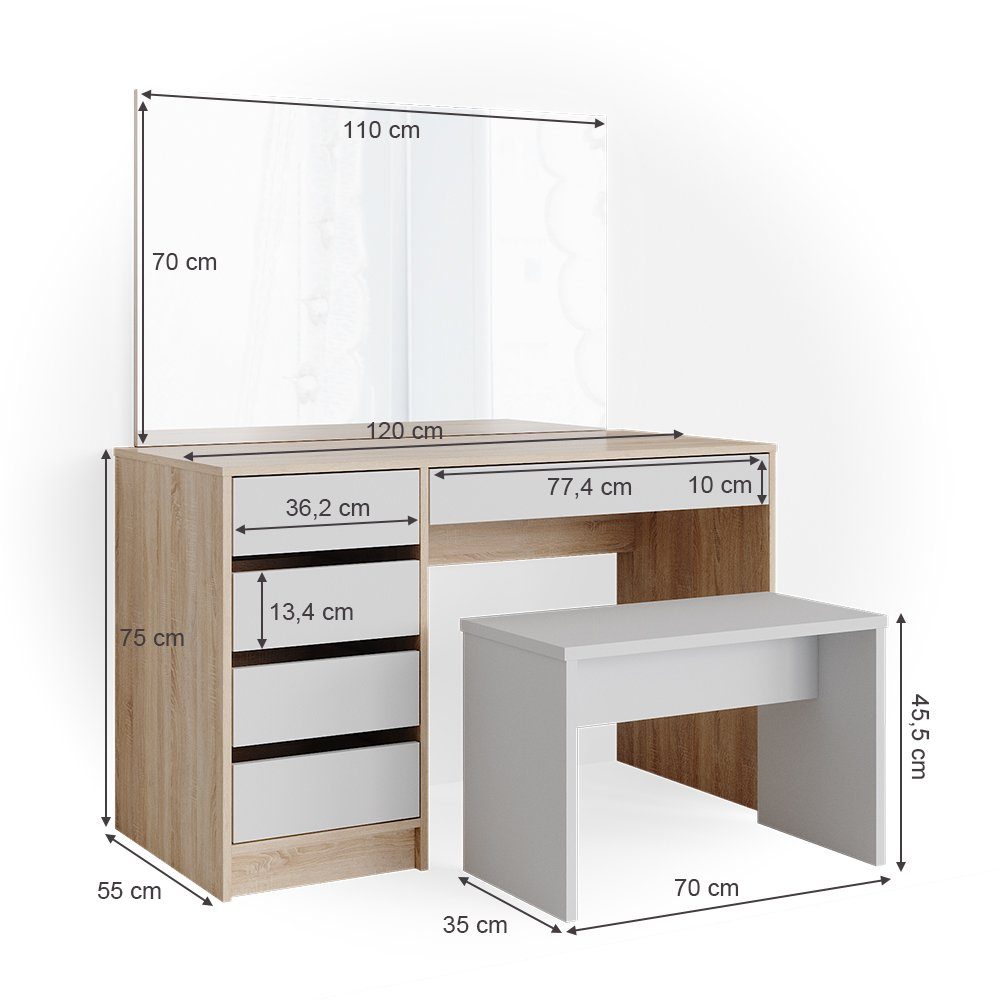 Vicco Schminktisch Sherry, Weiß/Sonoma/Sonoma, 120 cm mit Bank (3-St)