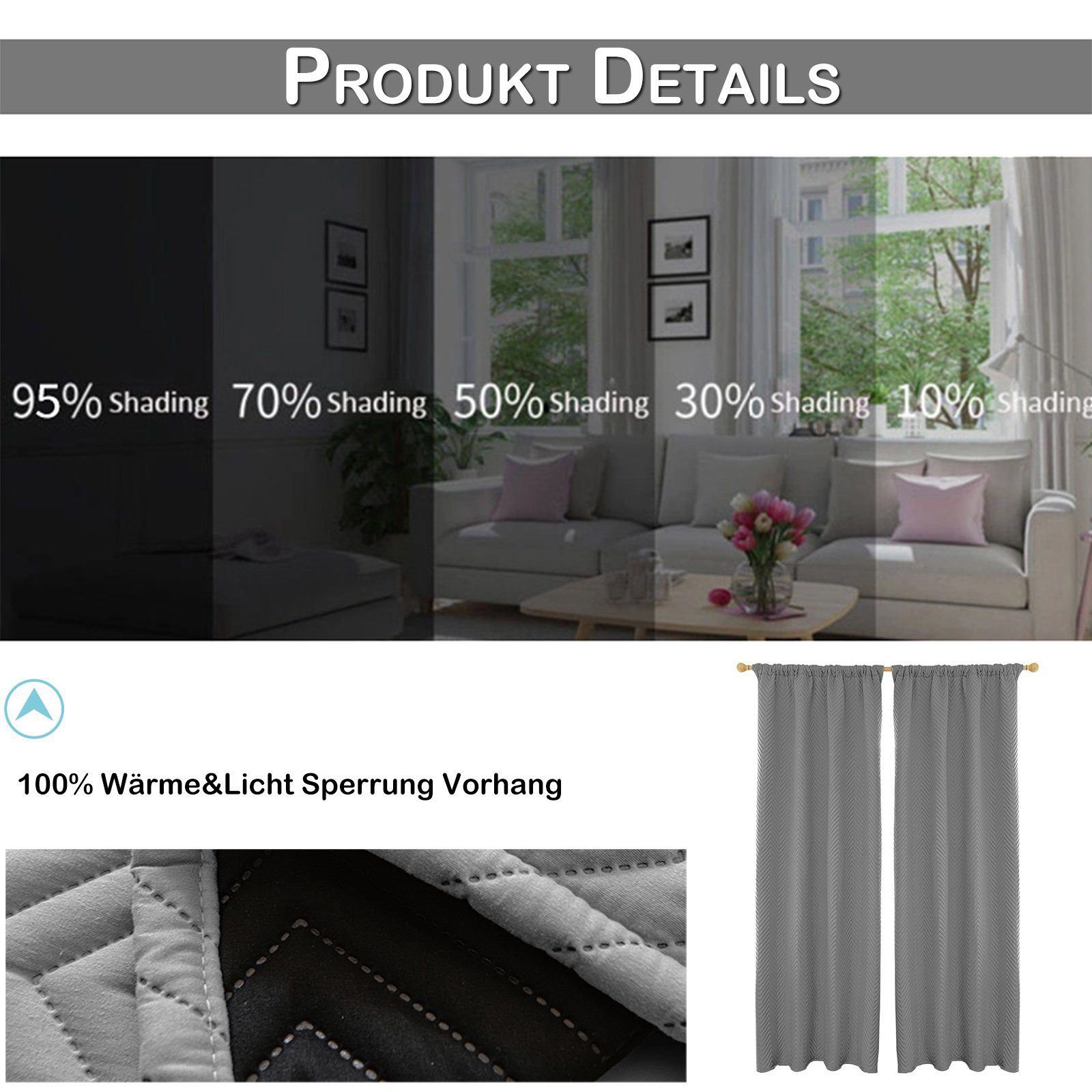 LMaxhome Vorhang Verdunkelungsvorhang Gesteppt Thermovorhang Türvorhang für Wohnzimmer, (1/2 St) 370g/m², Wärmeschutz 100% Blickdicht Kälteschutz Schlafzimmer – Bild 3 von 5