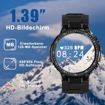HYIEAR Smartwatch Damen Herren, 1,39", Kopfhörer Bluetooth 5.3, Android/IOS Smartwatch, mit austauschbaren Armbändern, Ladekabeln Drei Paar Ohrstöpsel, Fitnessuhr
