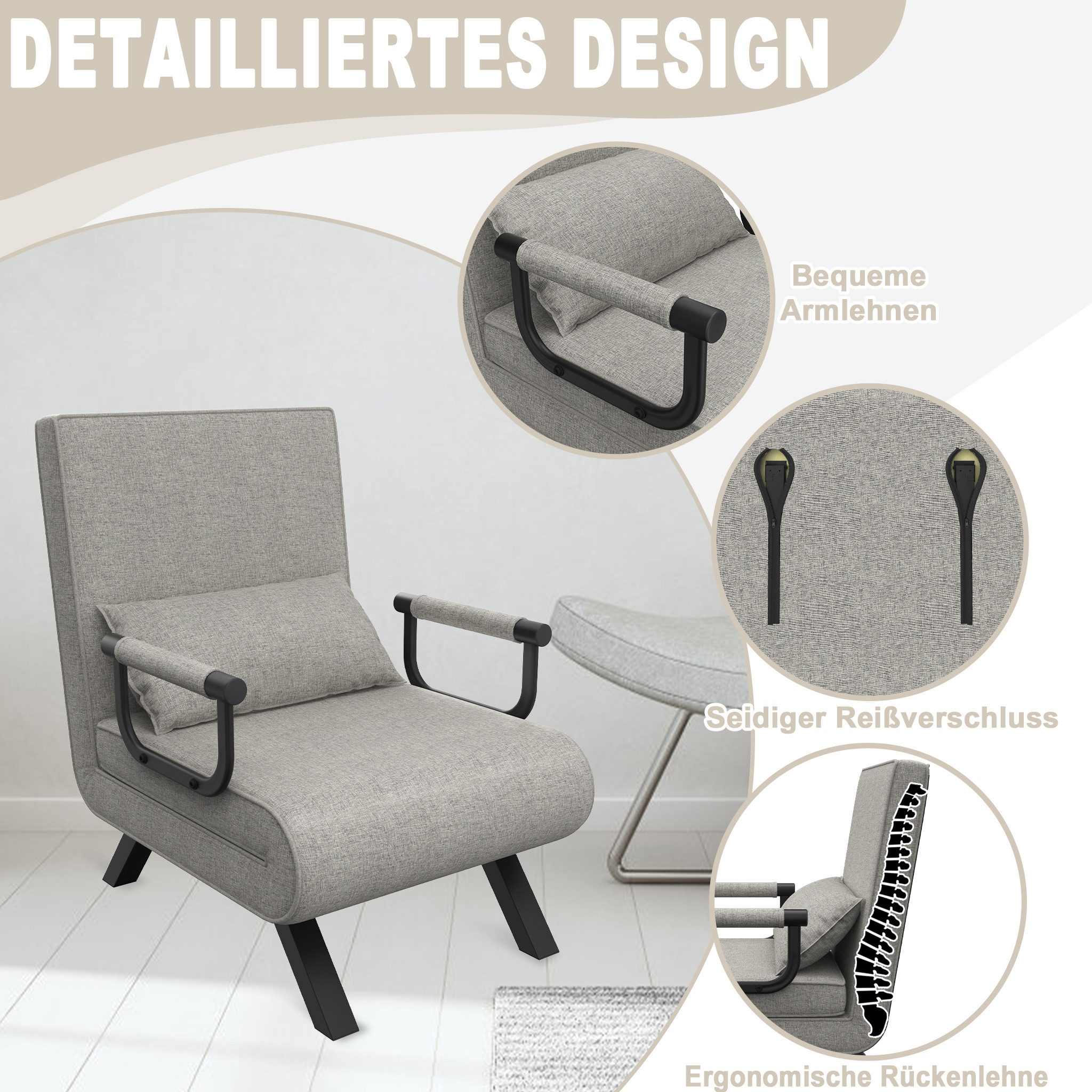 FIVMEN Sessel 3 in 1 Schlafsessel Schlafsofa Klappbares mit Bettfunktion, Klappsessel mit Verstellbare Rückenlehne Sofabett Gästebettfür