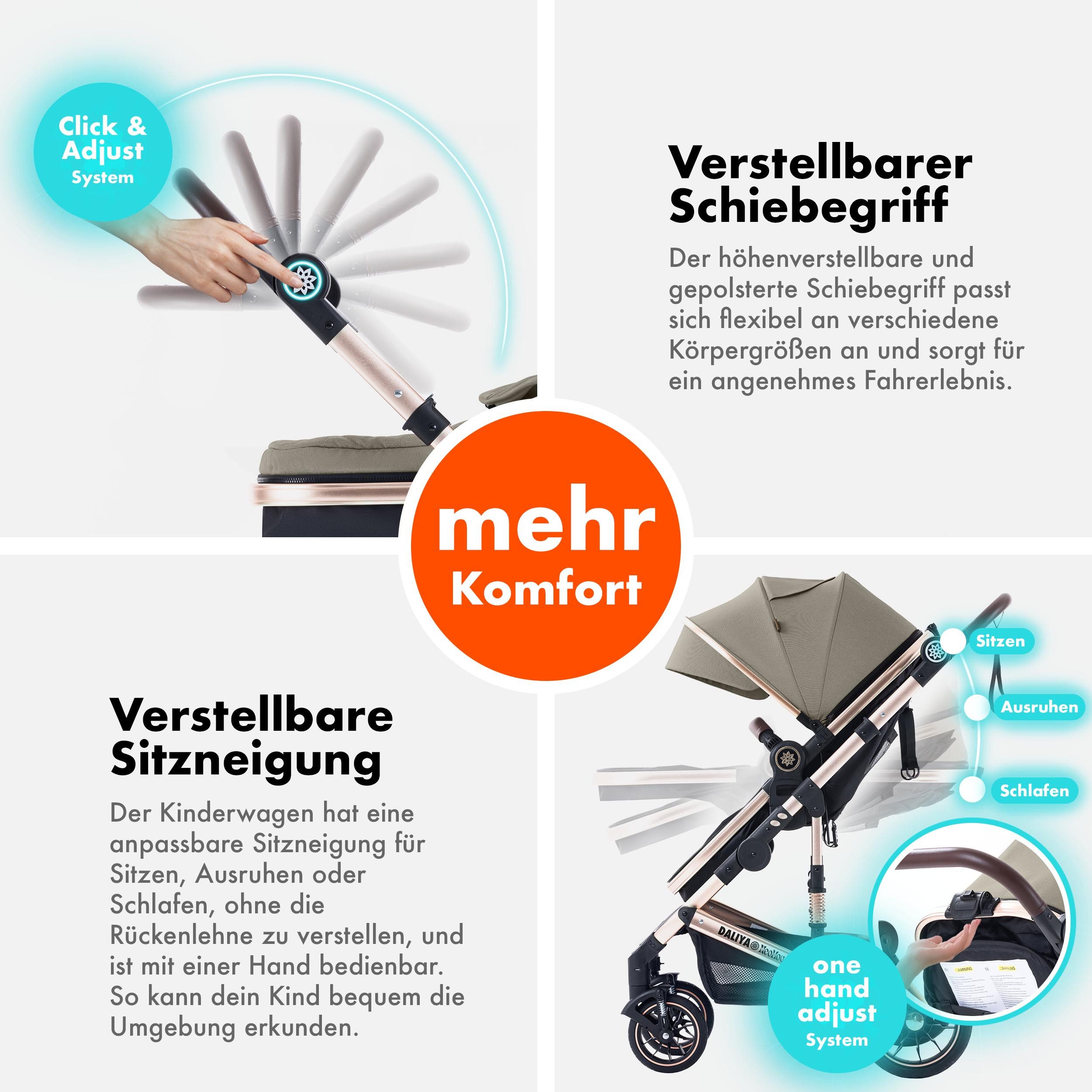 Daliya® Kombi-Kinderwagen NEOMOVE 3in1 Kinderwagen mit i-Size Babyschale & Buggy, (Reise-Set, 10-tlg), Kinderwagen mit i-Size Babyschale, Alu-Rahmen, Großer Einkaufskorb