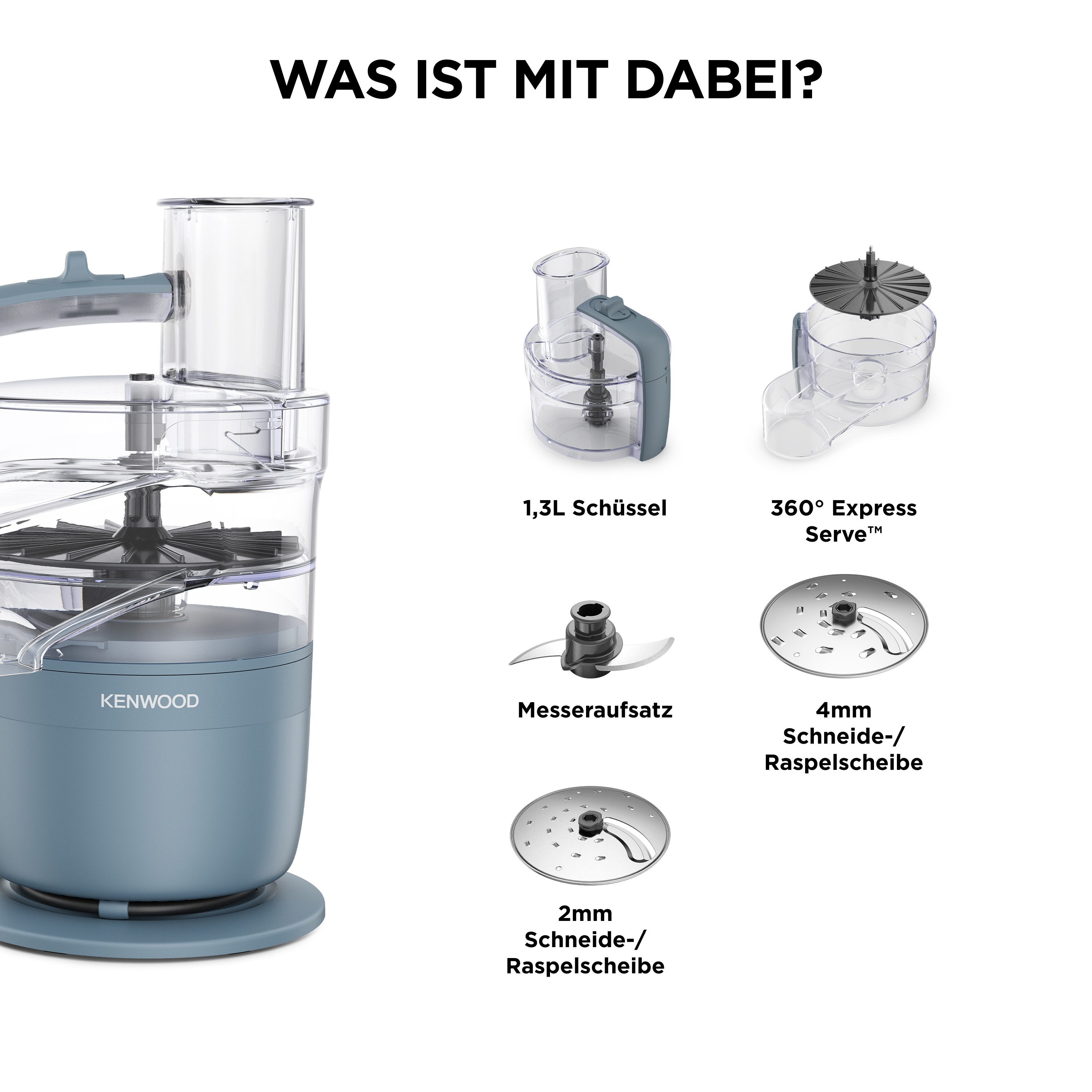 KENWOOD Küchenmaschine FDP23.140GY - Multipro Go, Express-Serve, 1,3 l Behälter, 900W, Blau, 900 W, 0,7 l Schüssel, Kompakt-Küchenmaschine zum Schneiden, Reiben, Pürieren & Teig Kneten