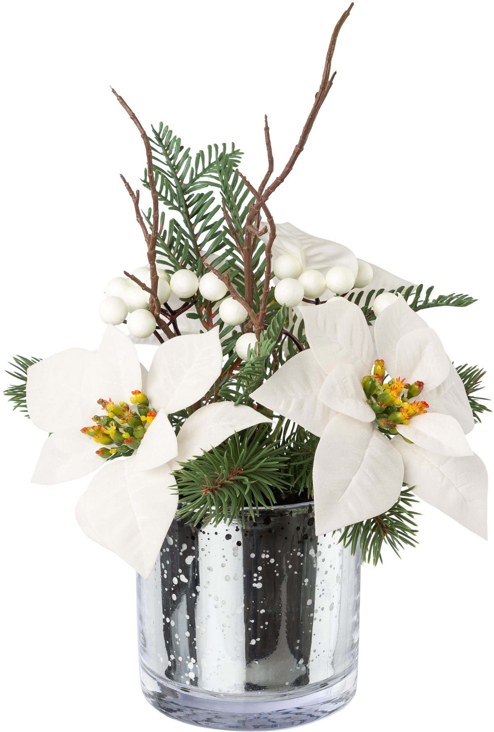 Winterliche Kunstpflanze Weihnachtsdeko Weihnachtsstern, Creativ Glasvase, und cm, 34 mit Beeren Höhe in Zweigen green