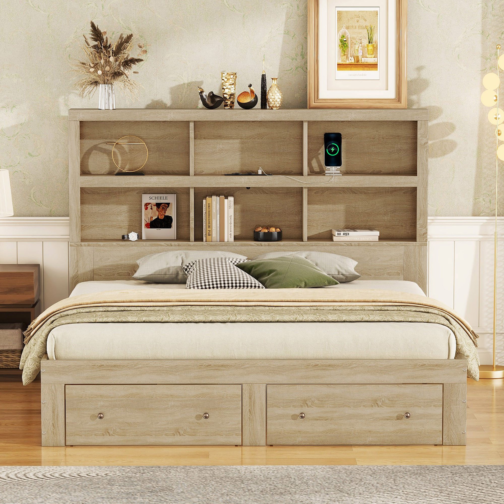 STILVORA Bett 160x200 mit Schubladen,Holzbett Bettgestell mit Staufächern,Natur (Holzbett, Lagerungsbett, Kingsize-Plattformbett, mit Stauraum, für Schlafzimmer und Jugendzimmer, 160x200 cm), ohne Matratze
