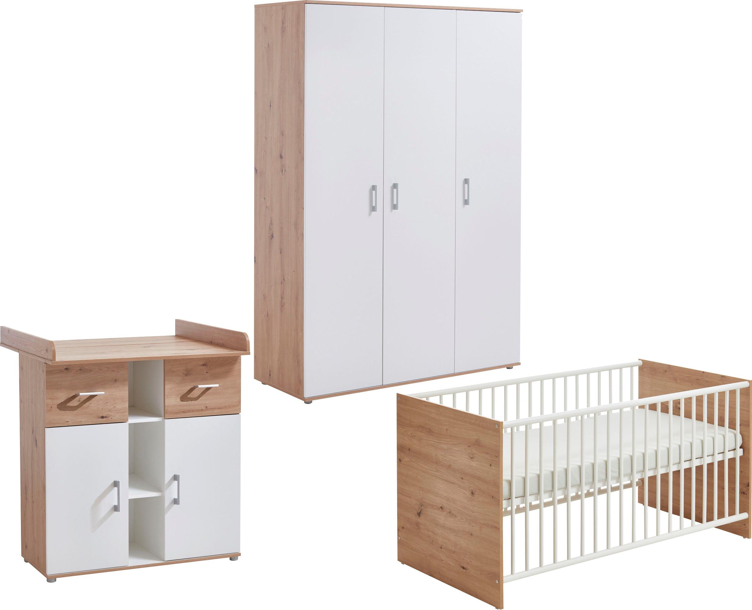 arthur berndt Babyzimmer-Komplettset Babyzimmer-Set »Matheo« 3-teilig, Wickelkommode bestehend aus (Set, Kleiderschrank, Kinderbett und 3-St)