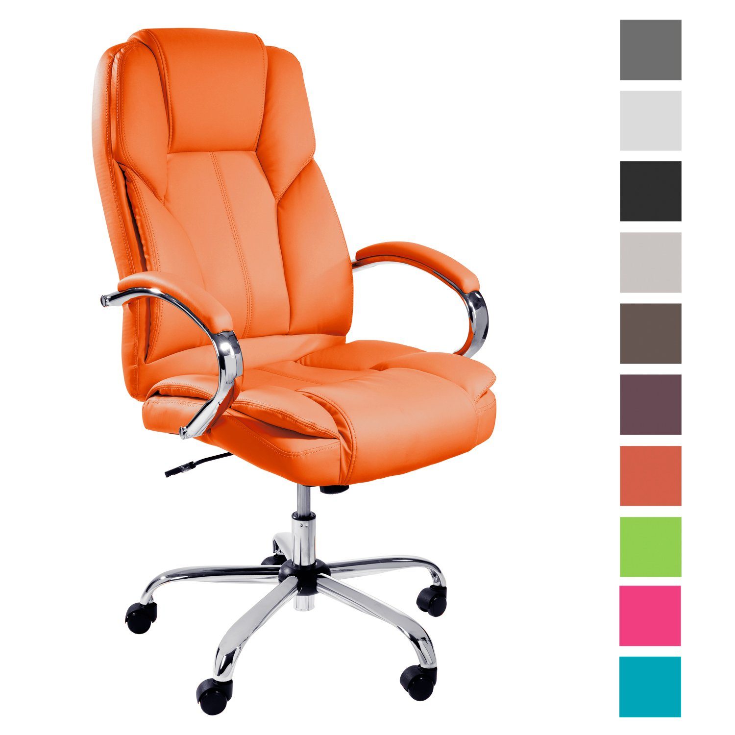 TPFLiving Chefsessel Dallas mit abgebremsten Rollen (XXL Bürostuhl ergonomisch gepolsterter Schreibtischstuhl), Drehstuhl aus Kunstleder, Belastbarkeit bis 215kg - Orange