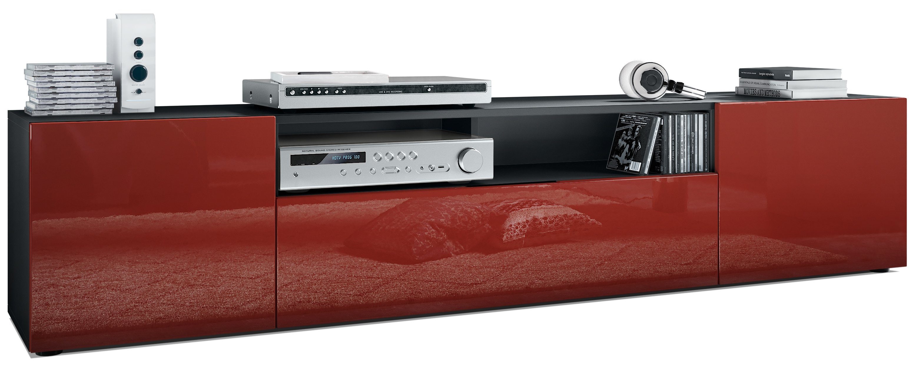 Vladon Lowboard Mogan (TV-Kommode, mit 2 Türen, 1 Klappe und 1 offenes Fach), Schwarz matt/ Bordeaux Hochglanz (181 x 39 x 35 cm)