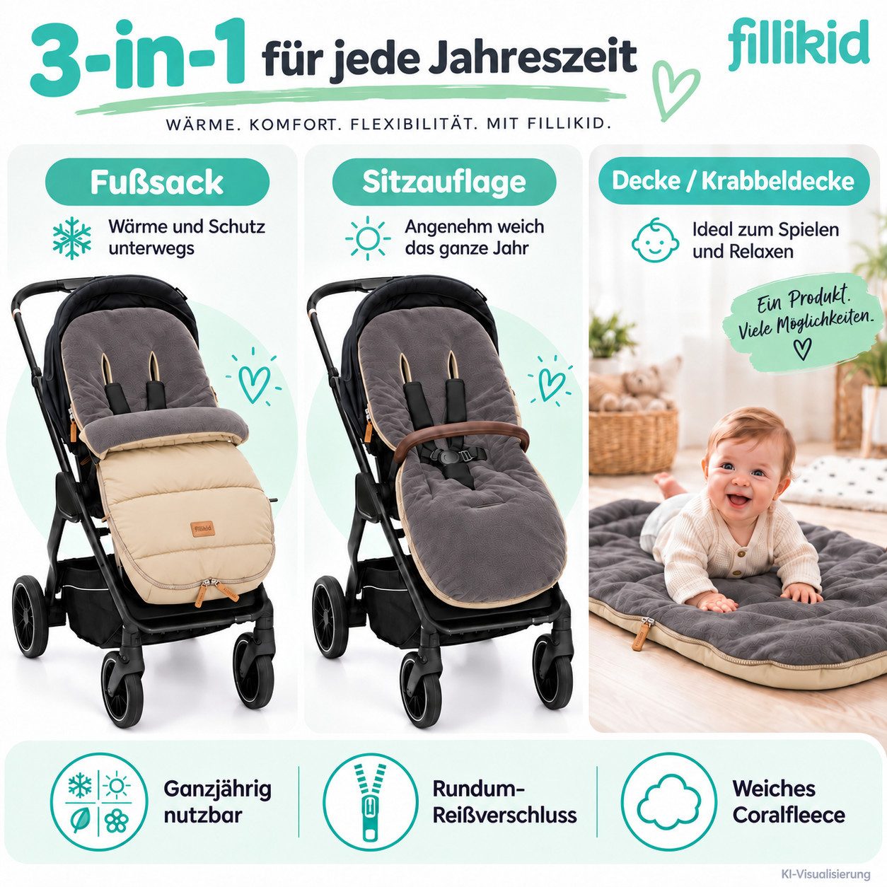 Fillikid Fußsack Winterfußsack Kinley Exklusiv, warmer Winterfußsack waschbar mit Rundum Reißverschluss und – Bild 3 von 5