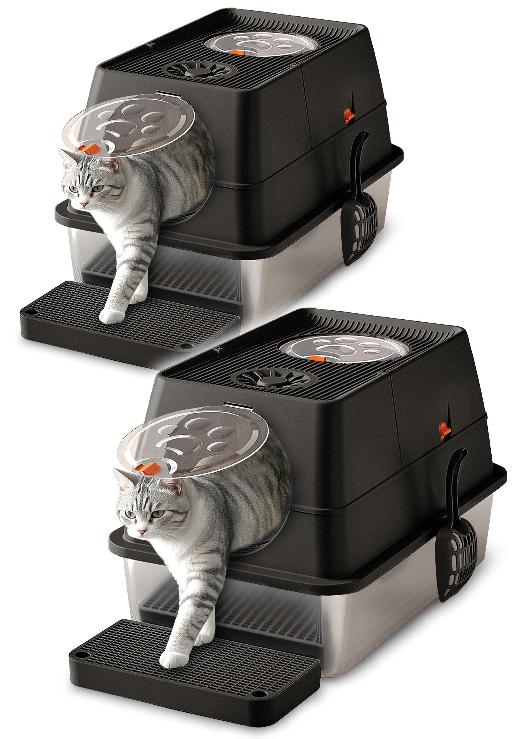 Katzentoilette XXL Edelstahl Katzenklo mit Deckel, Pedals & Schaufel